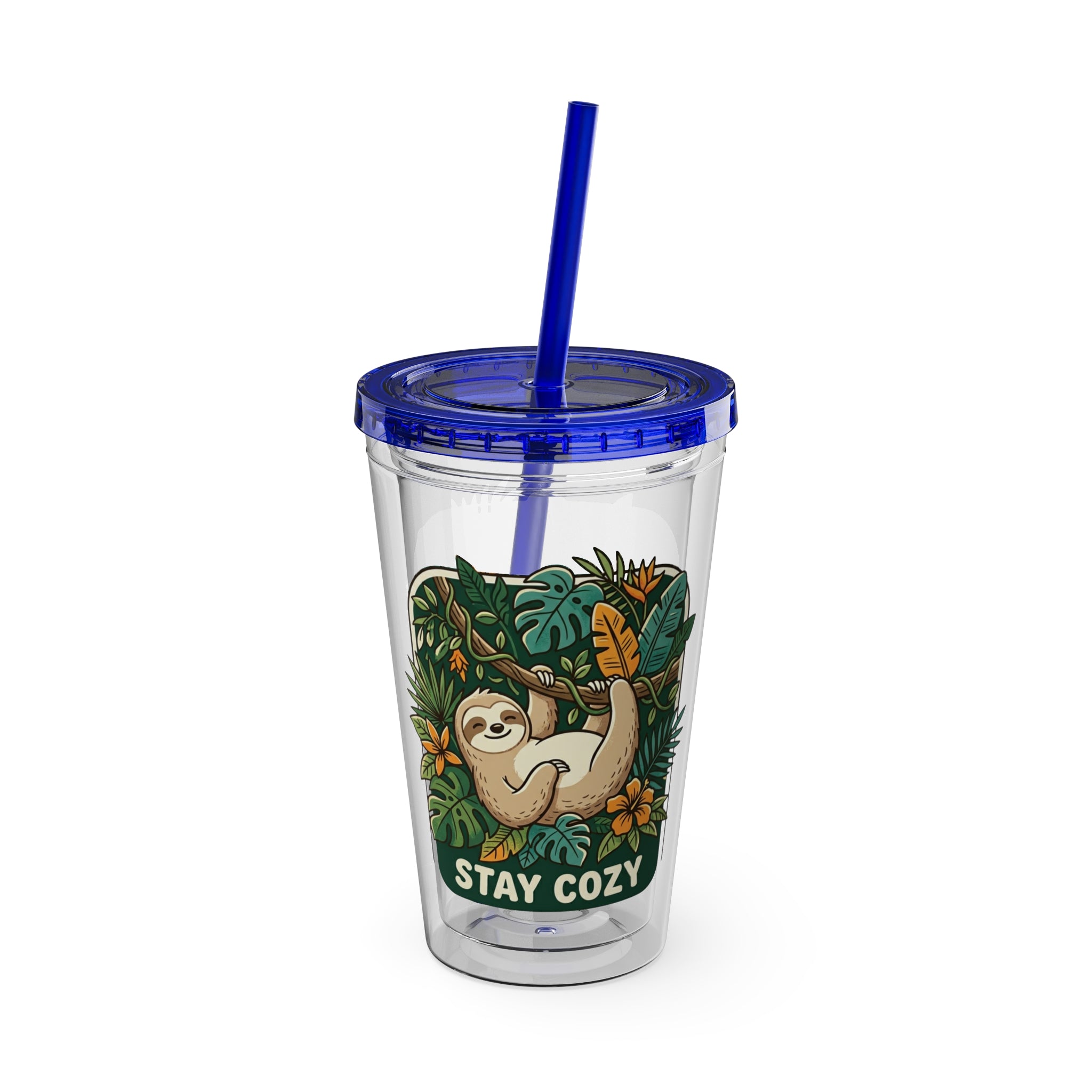 Stay Cozy Sloth Tumbler — 16oz Clear Insulated Cup with Straw