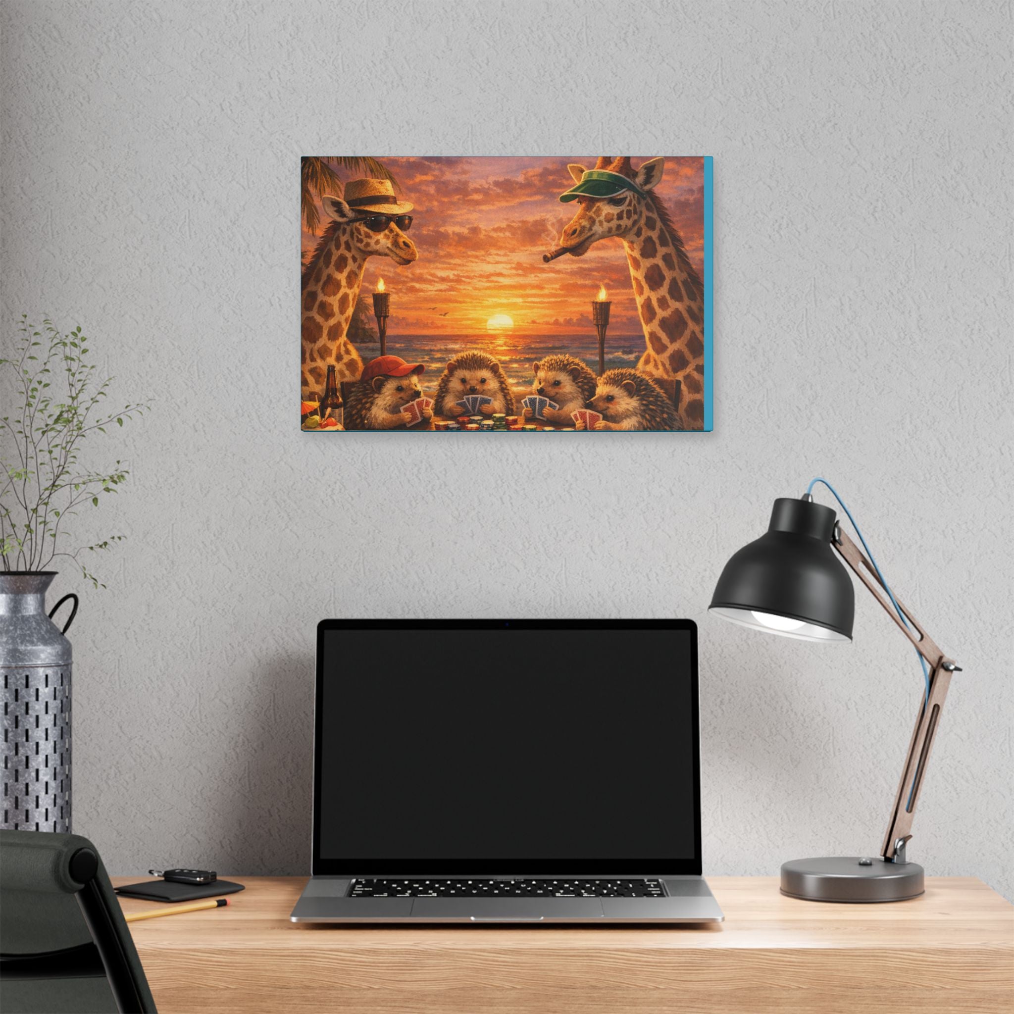 Sunset Poker Night Canvas — Whimsical Giraffes & Hedgehogs Art Print