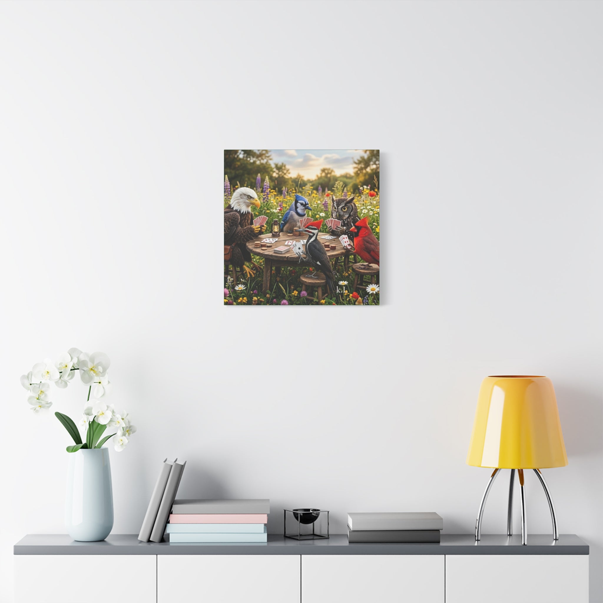 Canvas Wall Art — Woodland Birds Playing Cards Scene