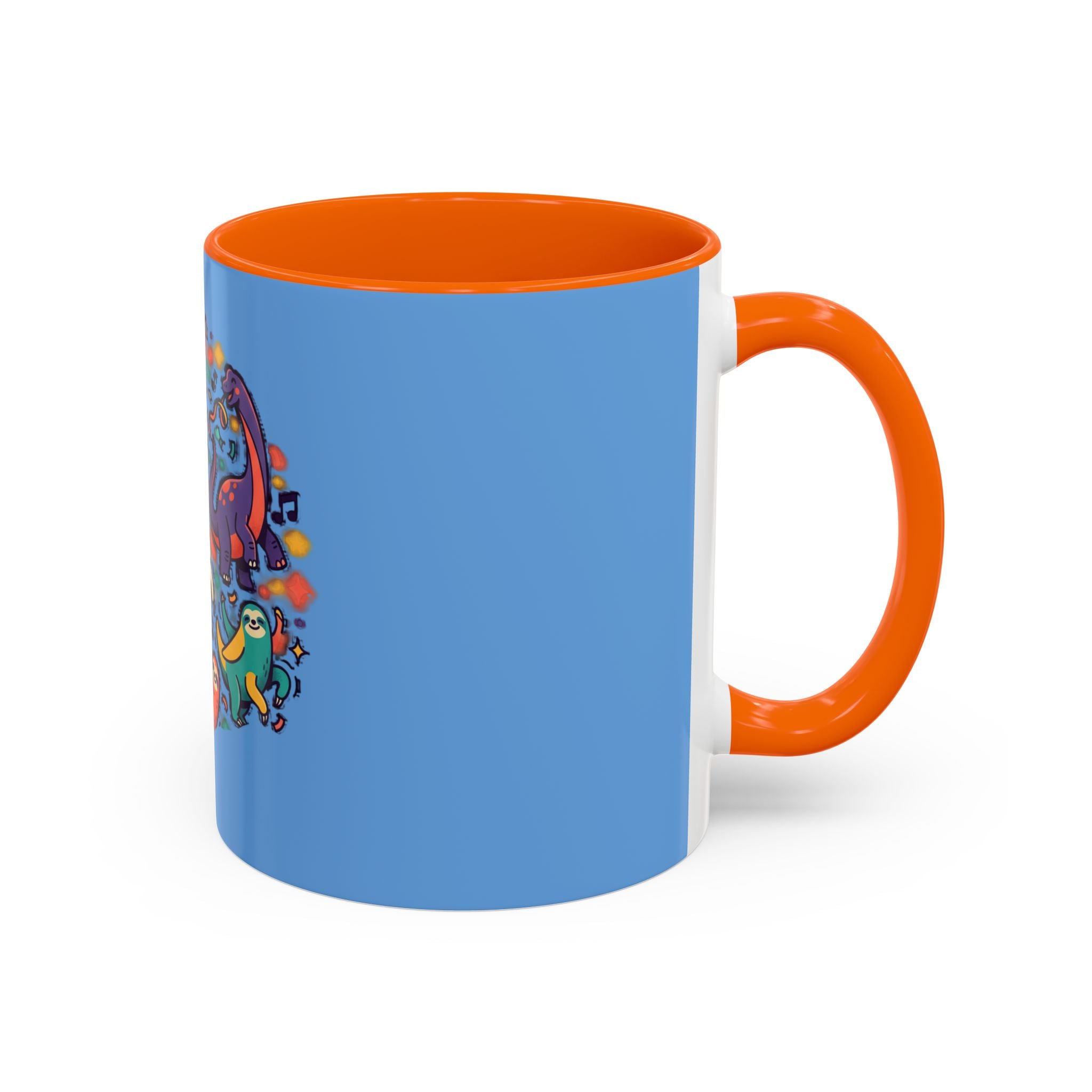 Cute Dancing Dinosaurs & Sloths Accent Coffee Mug — Colorful 11/15oz Ceramic