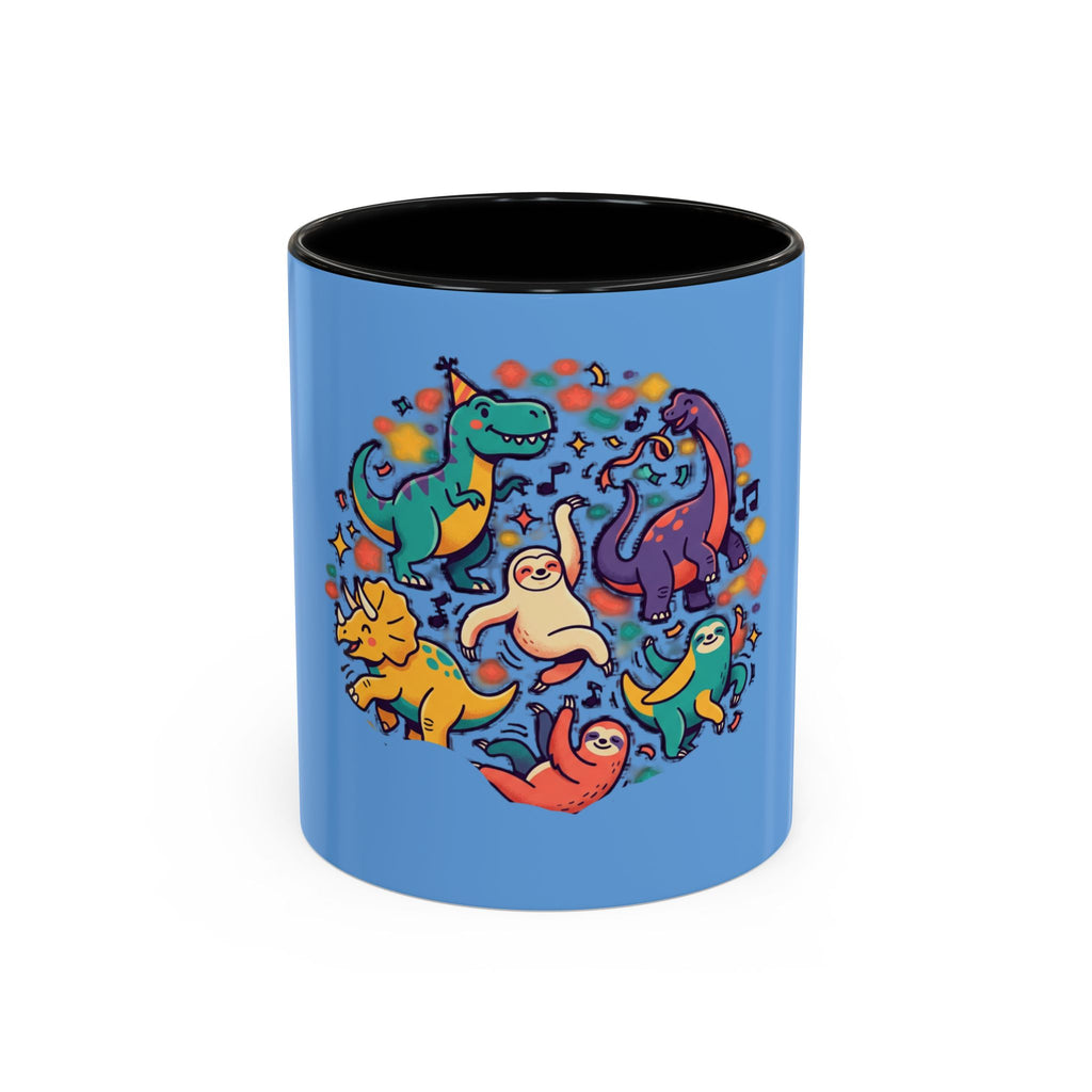 Cute Dancing Dinosaurs & Sloths Accent Coffee Mug — Colorful 11/15oz Ceramic