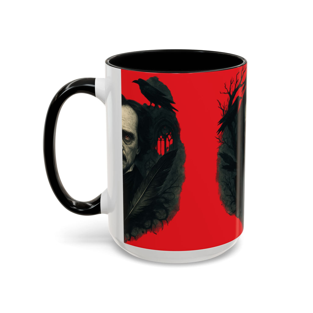 Edgar Allan Poe Portrait Coffee Mug — Gothic Raven Red Accent (11/15oz)
