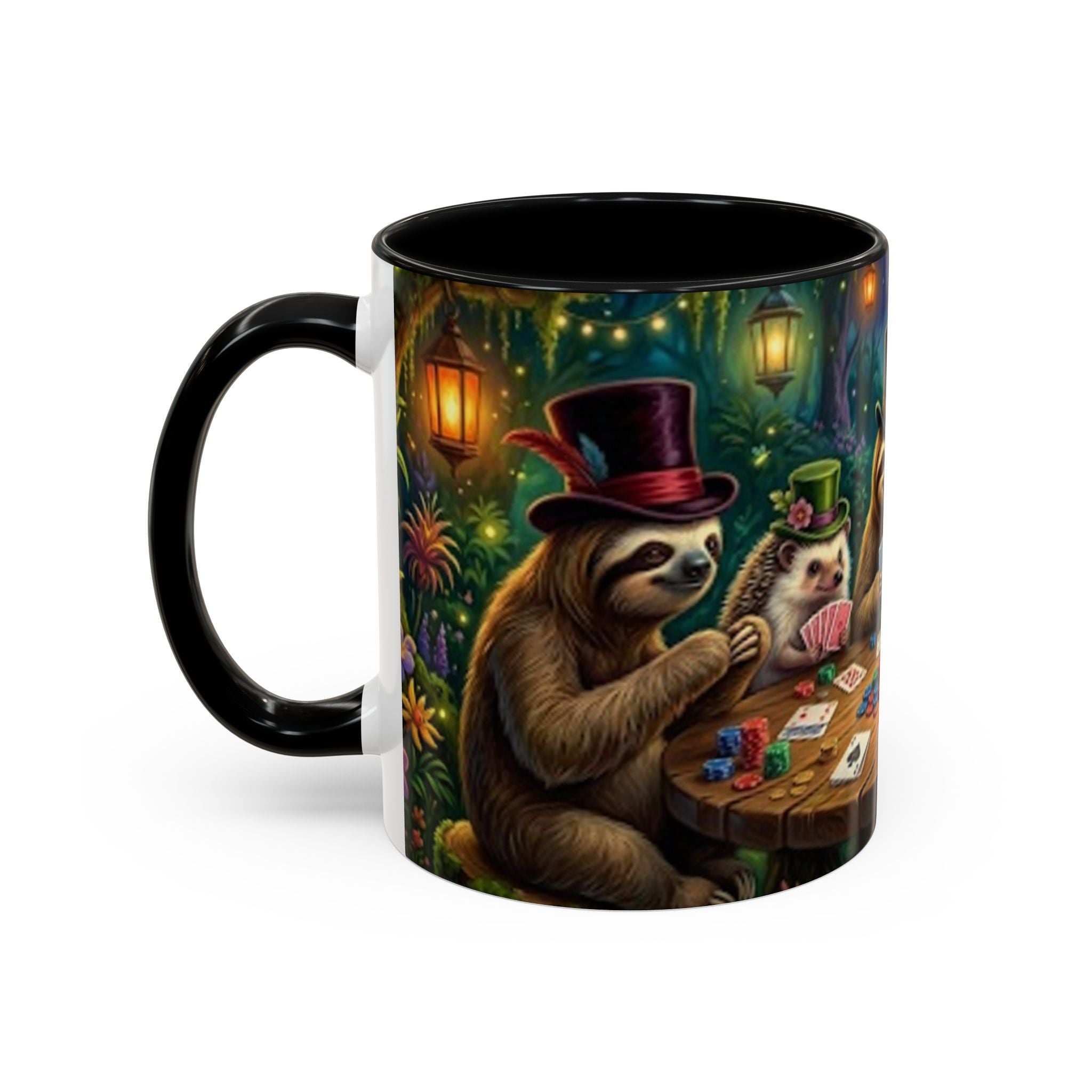 Sloth & Hedgehog Poker Night Coffee Mug — Whimsical Woodland Animal Tea Cup (11/15oz)