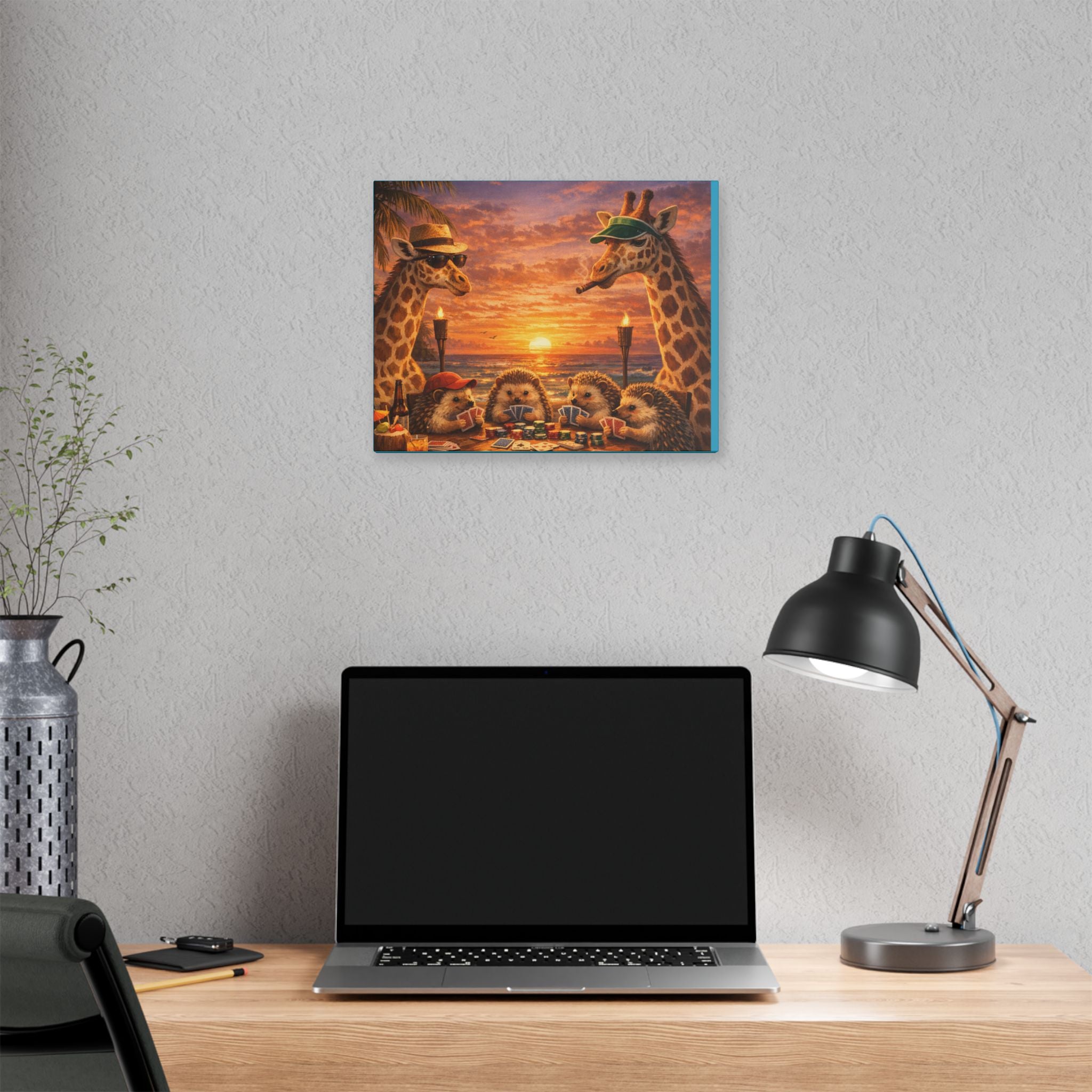 Sunset Poker Night Canvas — Whimsical Giraffes & Hedgehogs Art Print