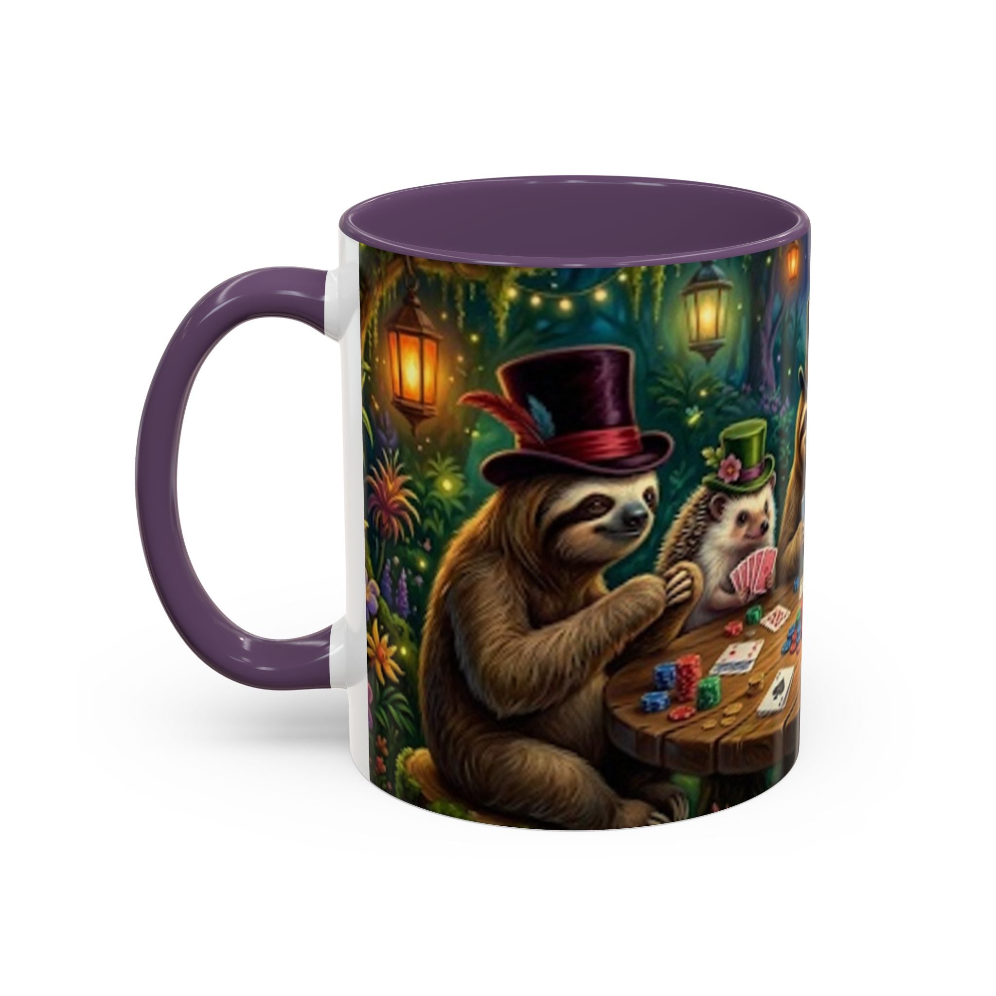Sloth & Hedgehog Poker Night Coffee Mug — Whimsical Woodland Animal Tea Cup (11/15oz)