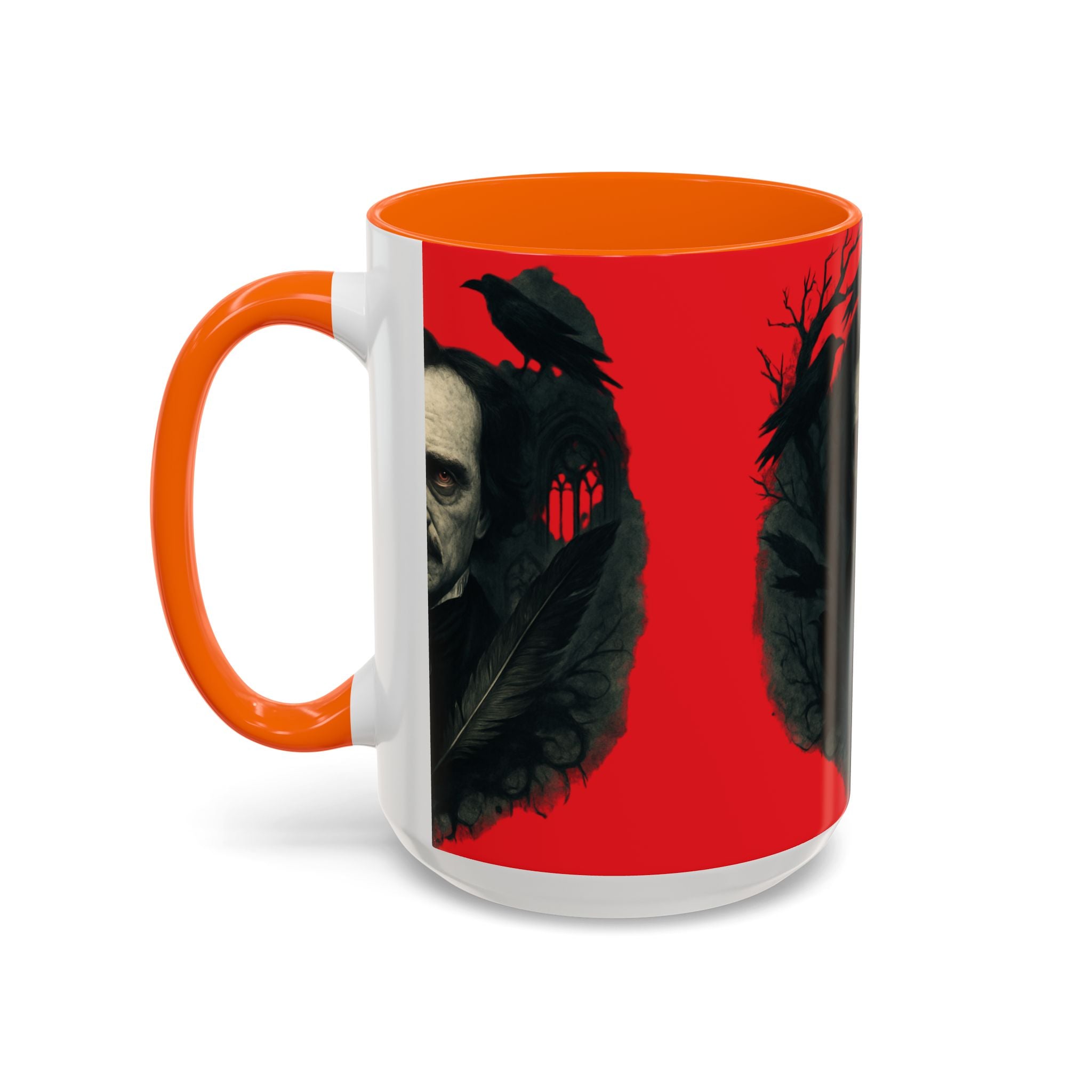 Edgar Allan Poe Portrait Coffee Mug — Gothic Raven Red Accent (11/15oz)