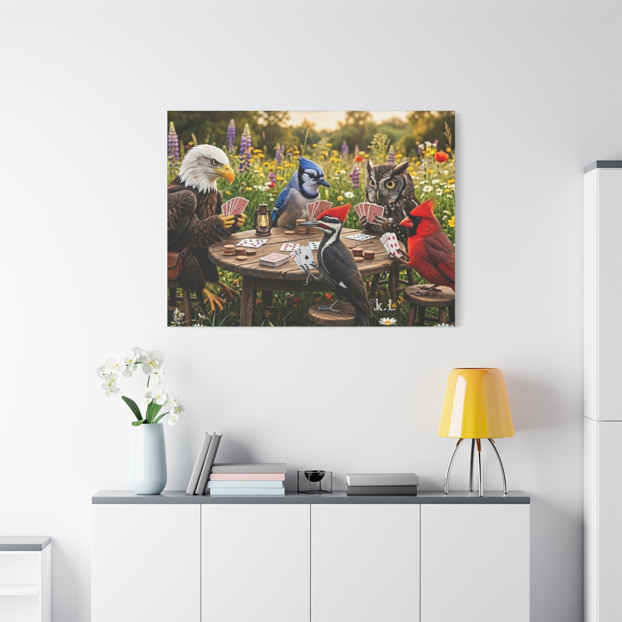 Canvas Wall Art — Woodland Birds Playing Cards Scene