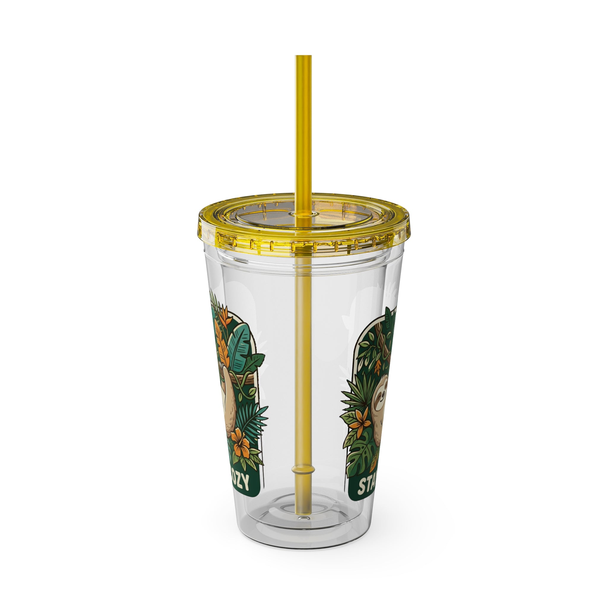 Stay Cozy Sloth Tumbler — 16oz Clear Insulated Cup with Straw