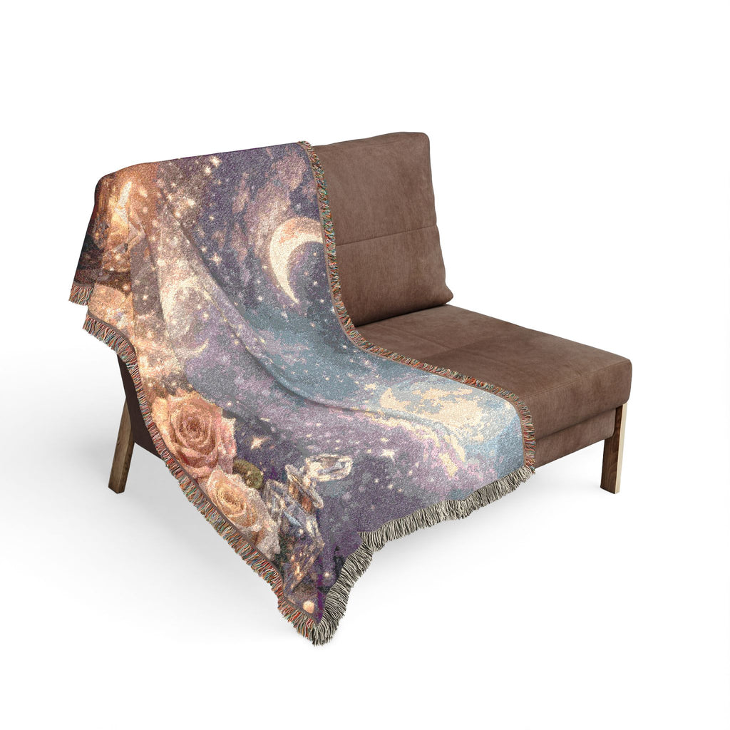 Moon & Roses Woven Blanket — Floral Lunar Throw