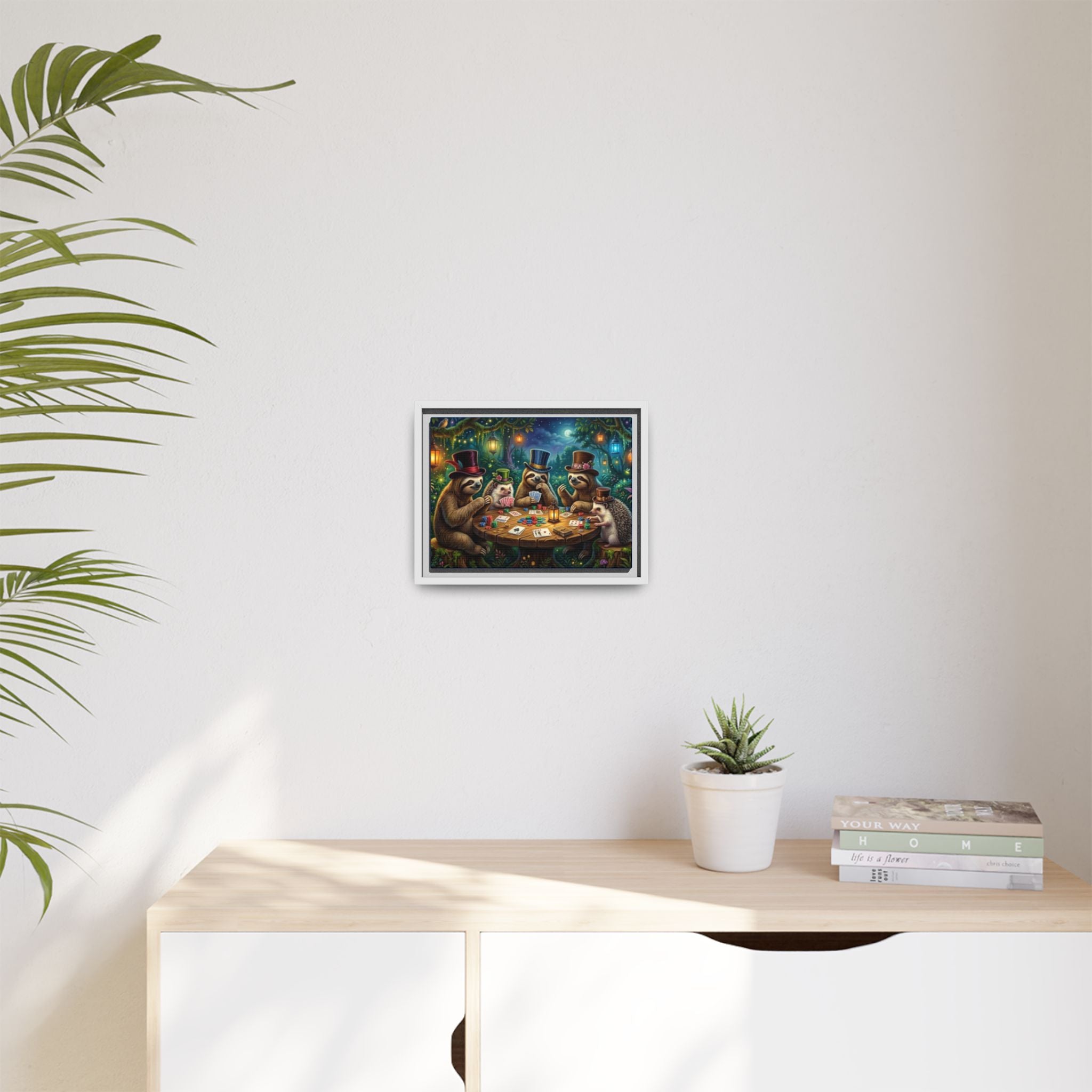 Framed Whimsical Sloth & Hedgehog Poker Night Canvas