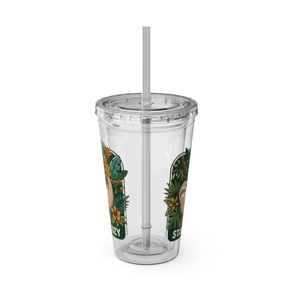 Stay Cozy Sloth Tumbler — 16oz Clear Insulated Cup with Straw