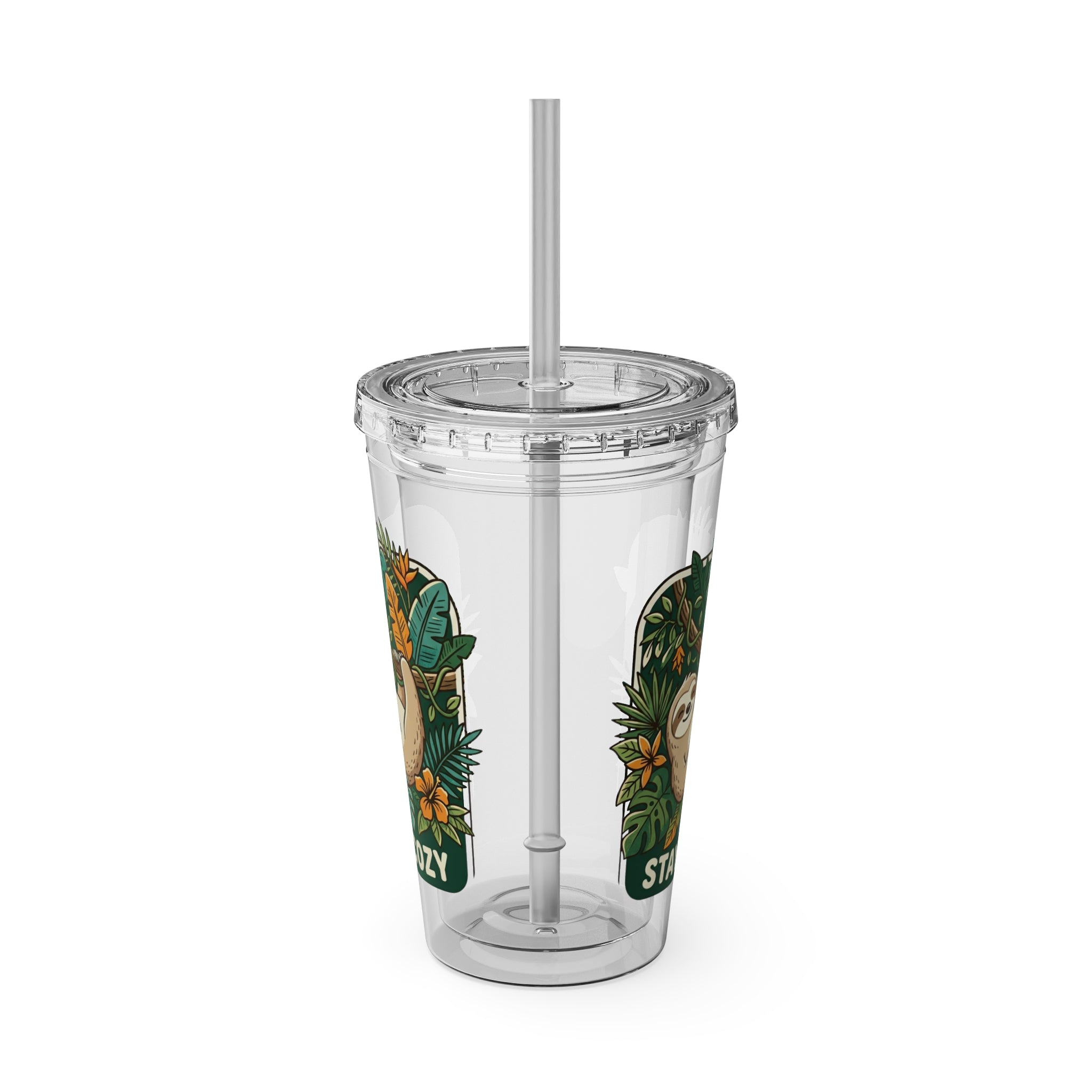 Stay Cozy Sloth Tumbler — 16oz Clear Insulated Cup with Straw