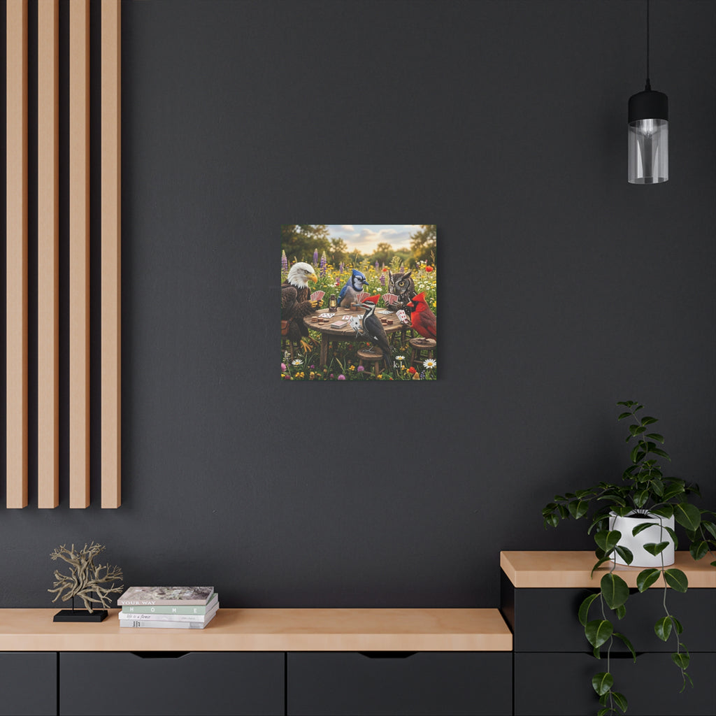 Canvas Wall Art — Woodland Birds Playing Cards Scene
