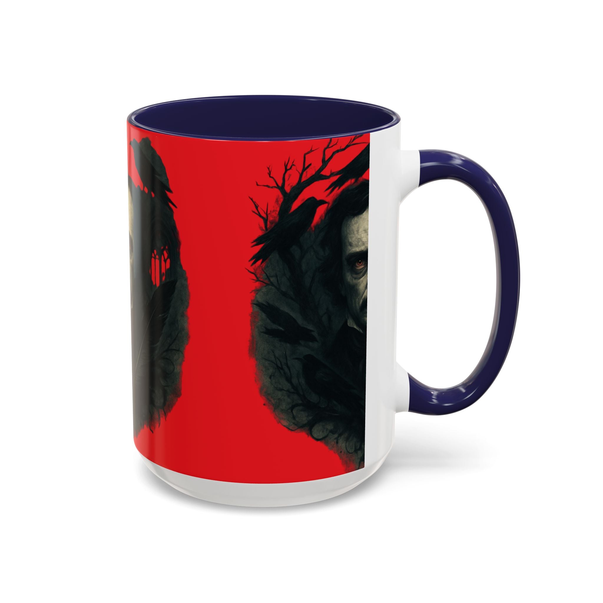 Edgar Allan Poe Portrait Coffee Mug — Gothic Raven Red Accent (11/15oz)
