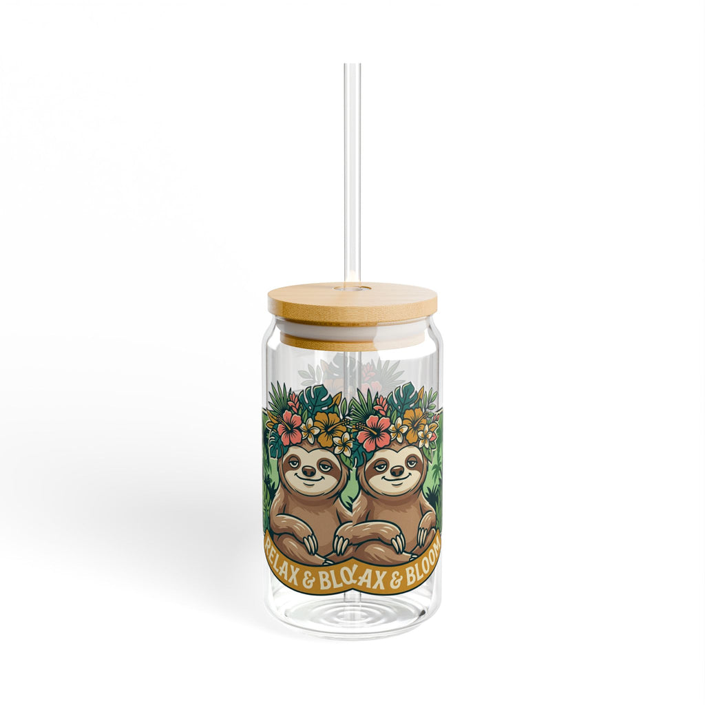 Relax & Bloom Sloth Sipper Glass — 16oz Bamboo Lid Straw Tumbler