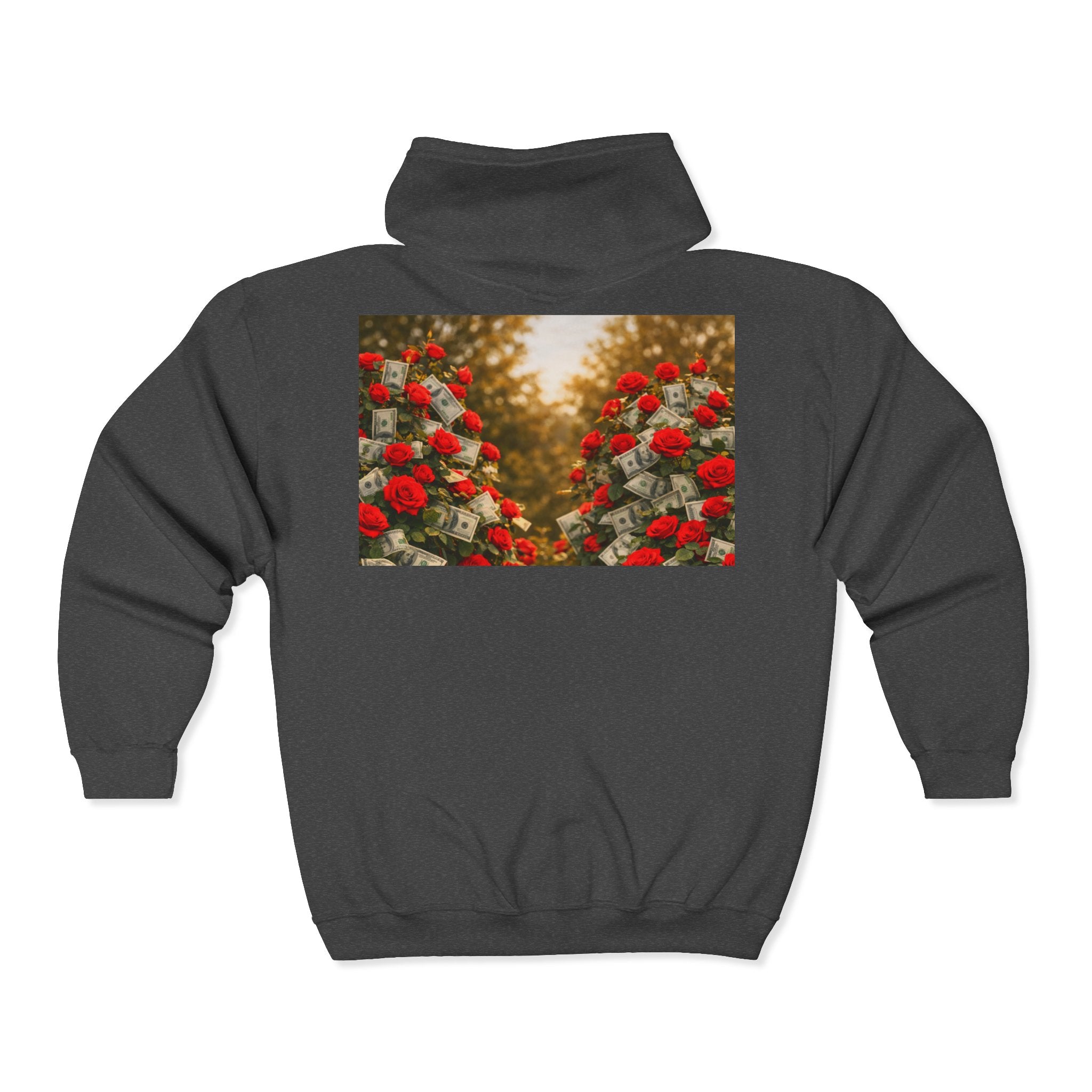 Zip Hoodie — "Pain Today, Power Tomorrow" Retro Script Front with Rose Garden Back