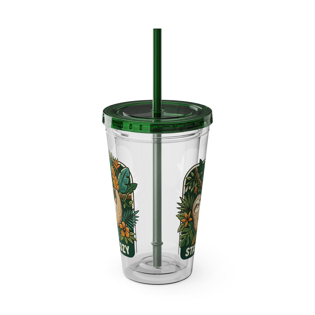 Stay Cozy Sloth Tumbler — 16oz Clear Insulated Cup with Straw