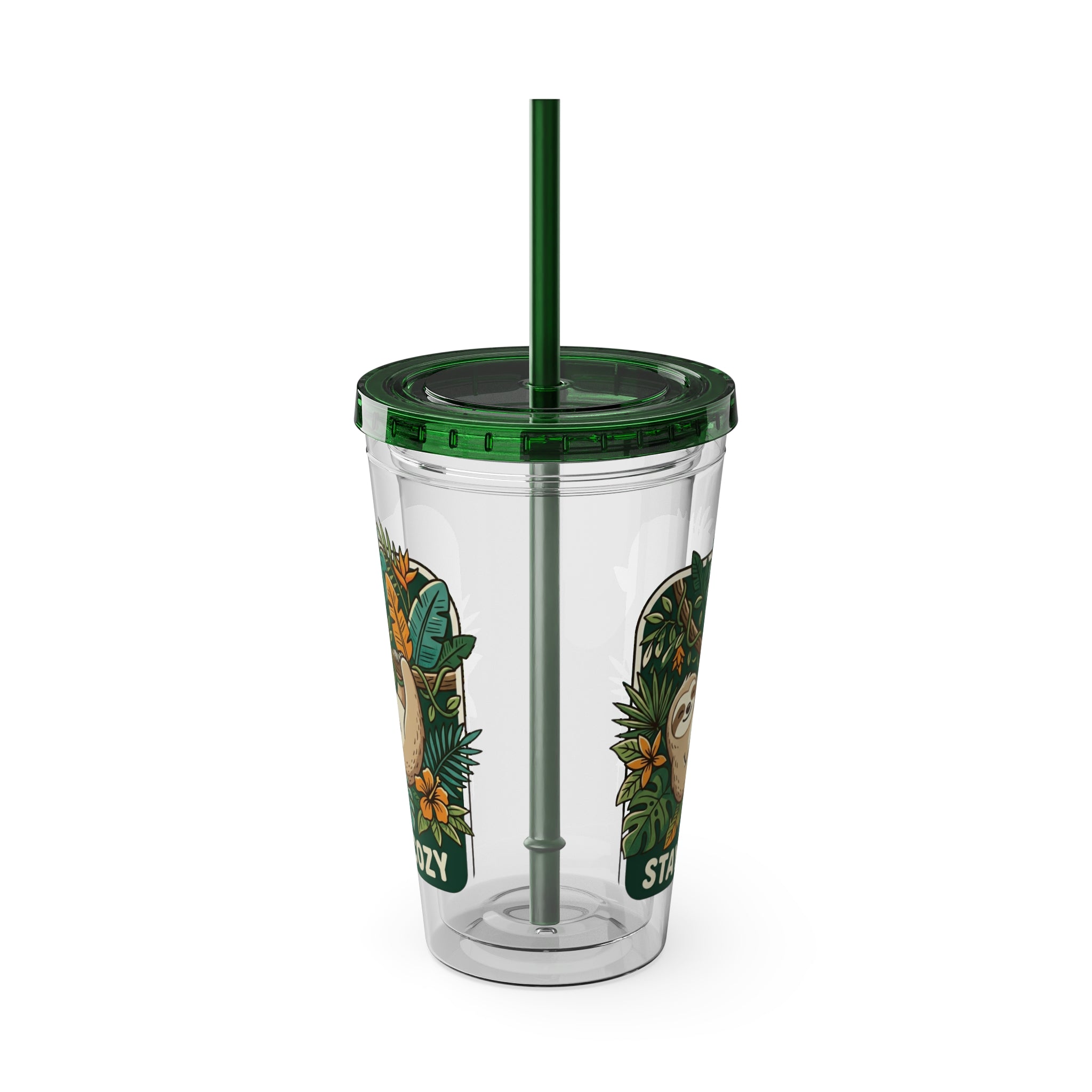 Stay Cozy Sloth Tumbler — 16oz Clear Insulated Cup with Straw