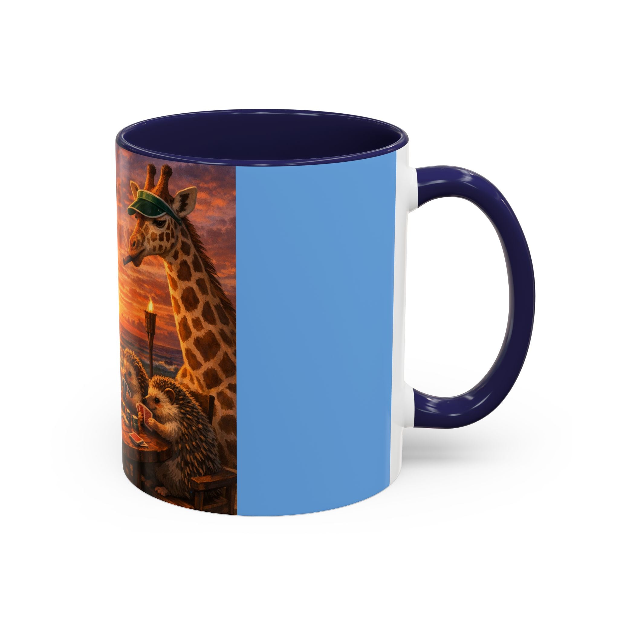 Sunset Poker Nights Animal Coffee Mug — Giraffe & Hedgehog Friends (11/15 oz)