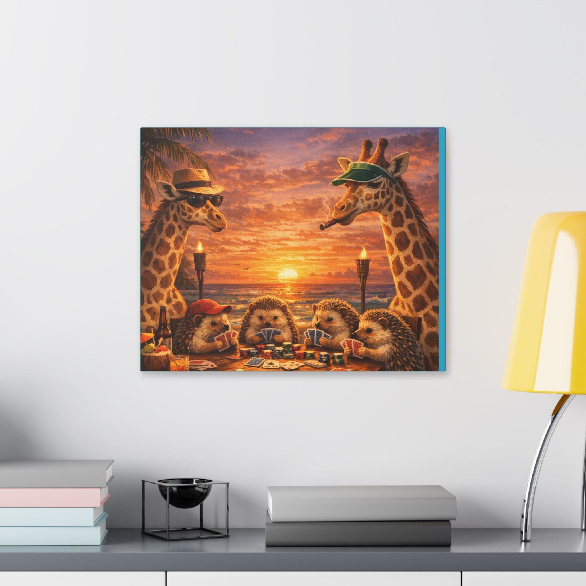 Sunset Poker Night Canvas — Whimsical Giraffes & Hedgehogs Art Print