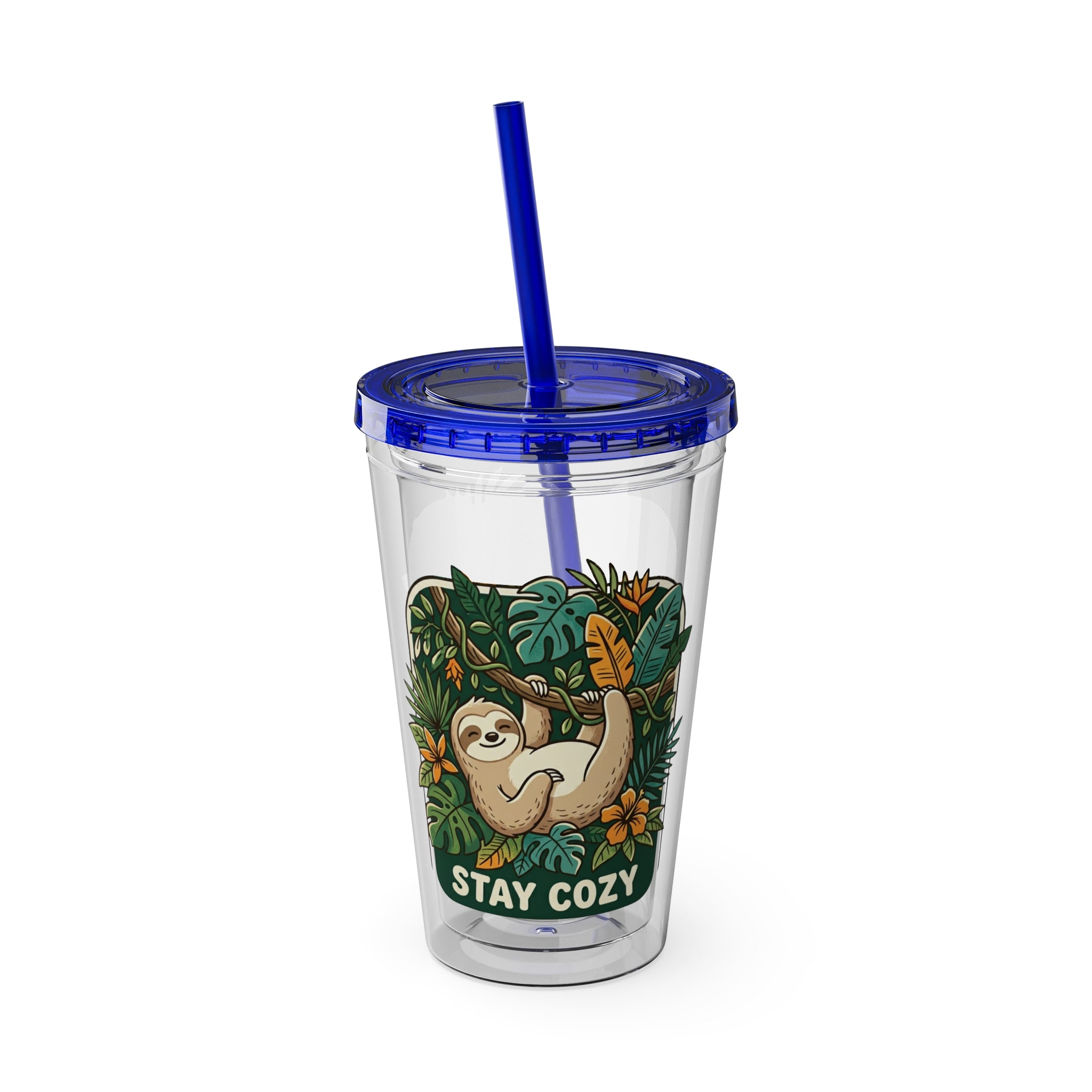 Stay Cozy Sloth Tumbler — 16oz Clear Insulated Cup with Straw