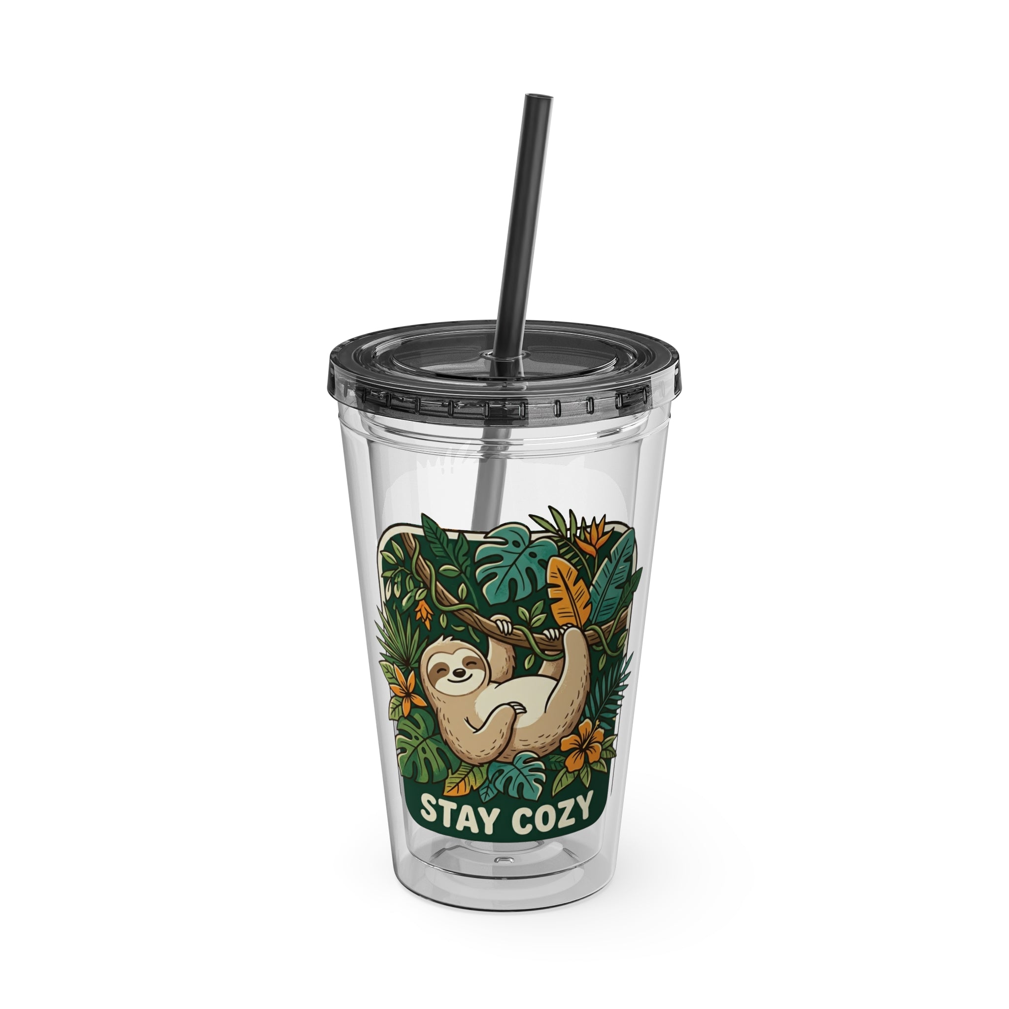 Stay Cozy Sloth Tumbler — 16oz Clear Insulated Cup with Straw