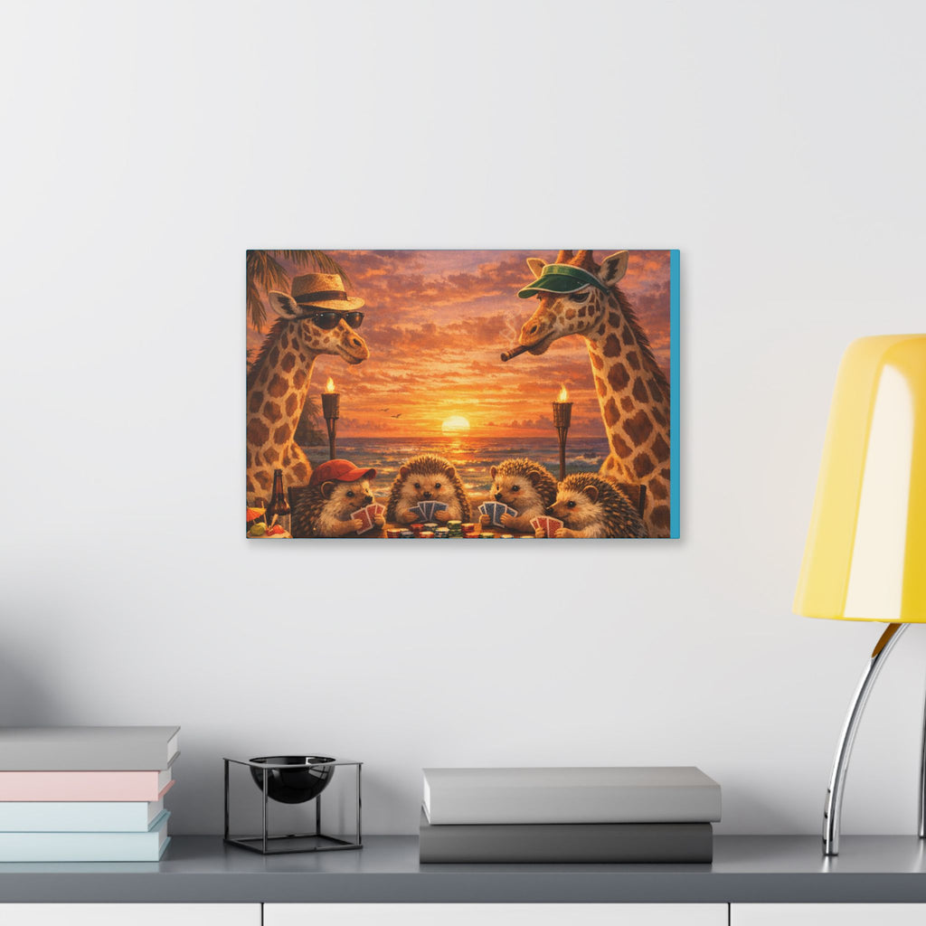 Sunset Poker Night Canvas — Whimsical Giraffes & Hedgehogs Art Print