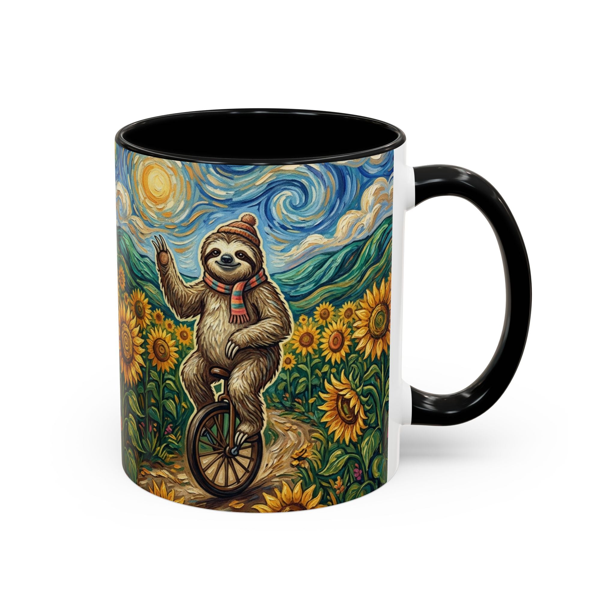 Sunflower Field Sloth Bicycle Mug — Cute Riding Sloth Coffee Cup (11/15oz)