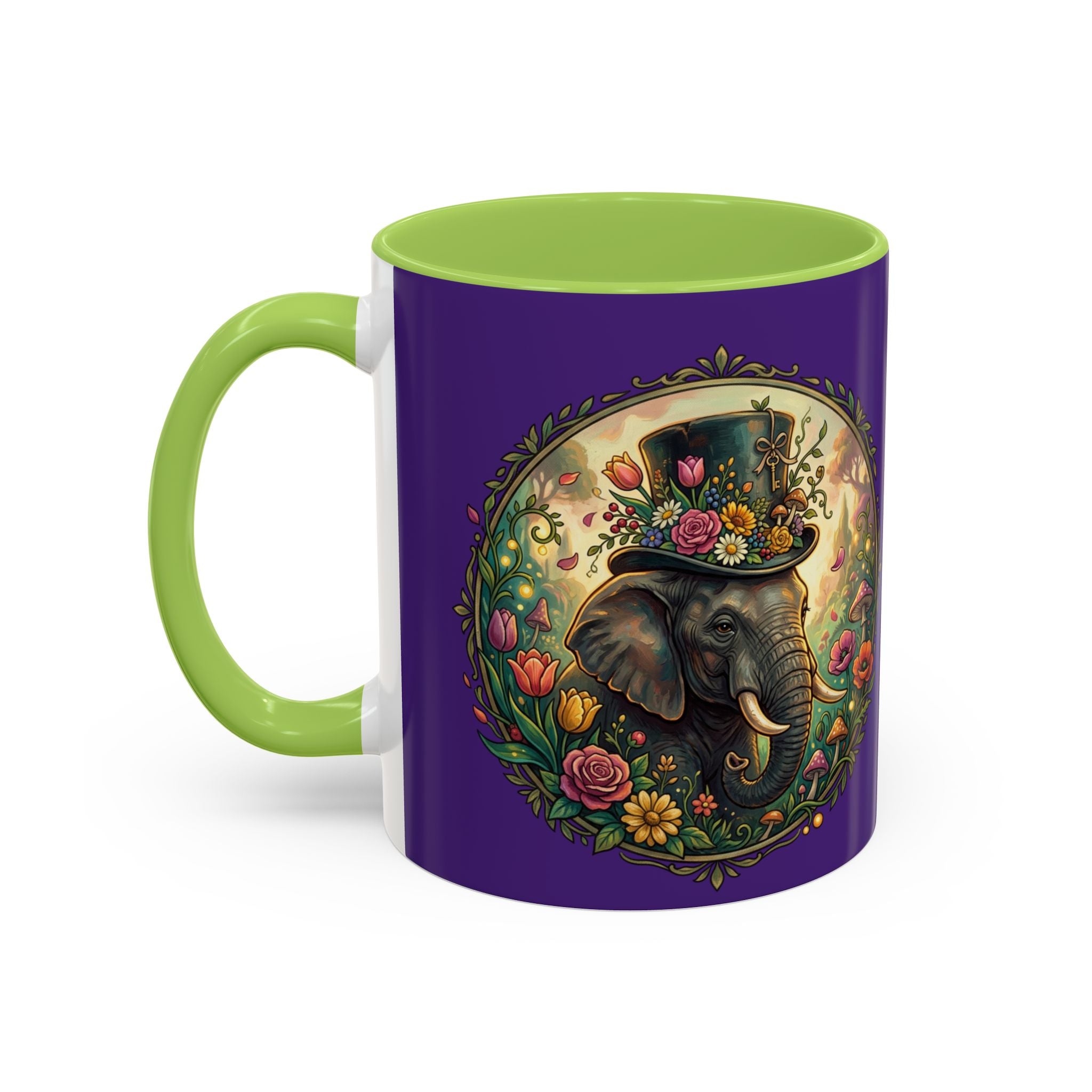 Elephant & Tulips Accent Coffee Mug — Floral Elephant Ceramic Mug (11/15oz)
