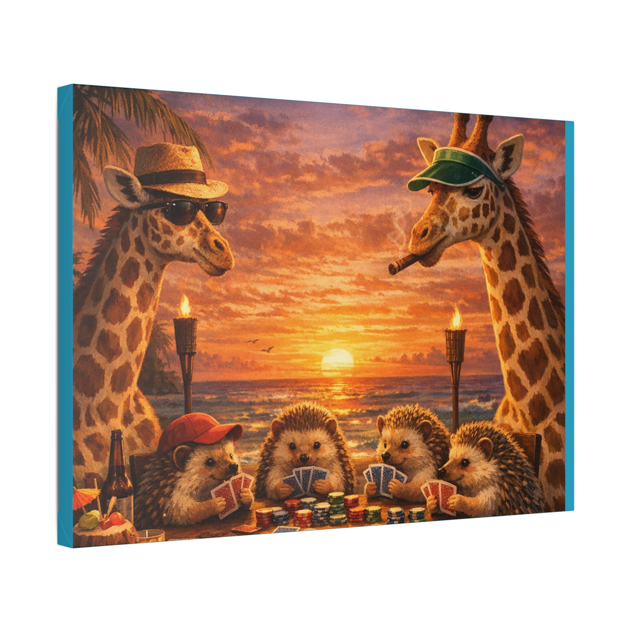 Sunset Poker Night Canvas — Whimsical Giraffes & Hedgehogs Art Print