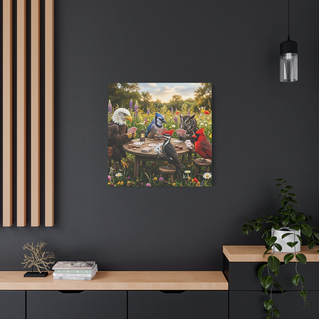 Canvas Wall Art — Woodland Birds Playing Cards Scene