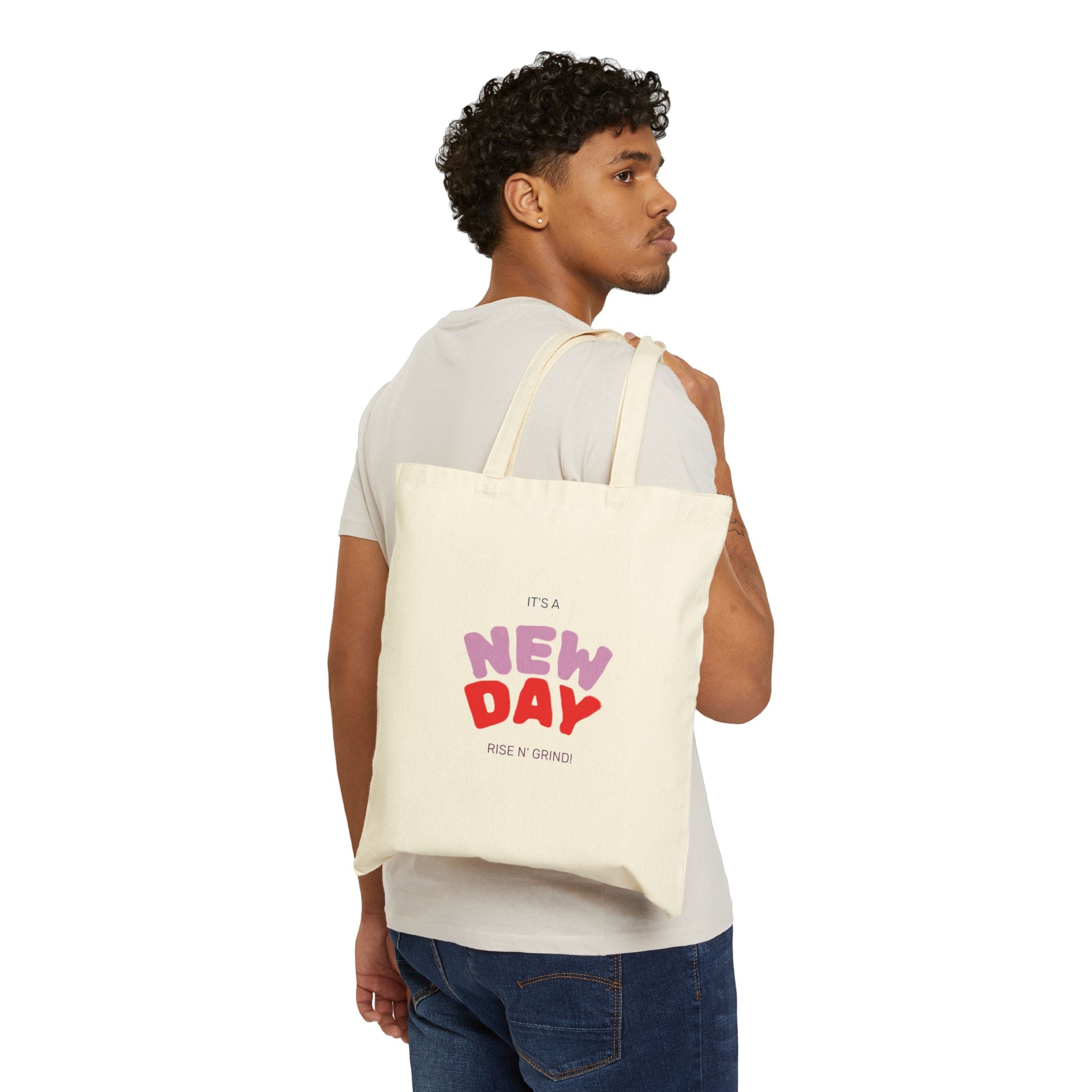 Canvas Tote Bag — "It's a New Day" Positive Quote & Floral Crystal Art Reusable Shopper
