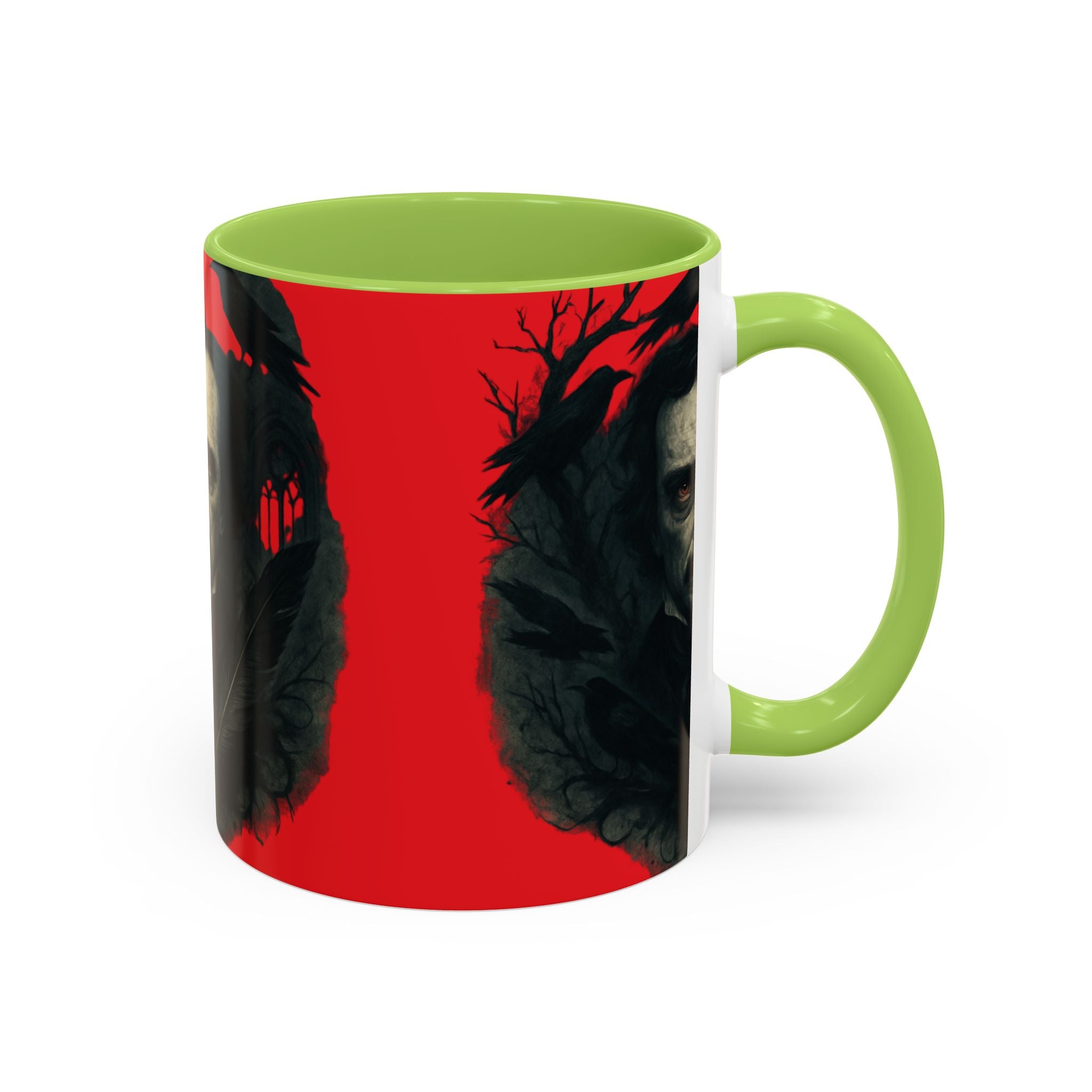Edgar Allan Poe Portrait Coffee Mug — Gothic Raven Red Accent (11/15oz)