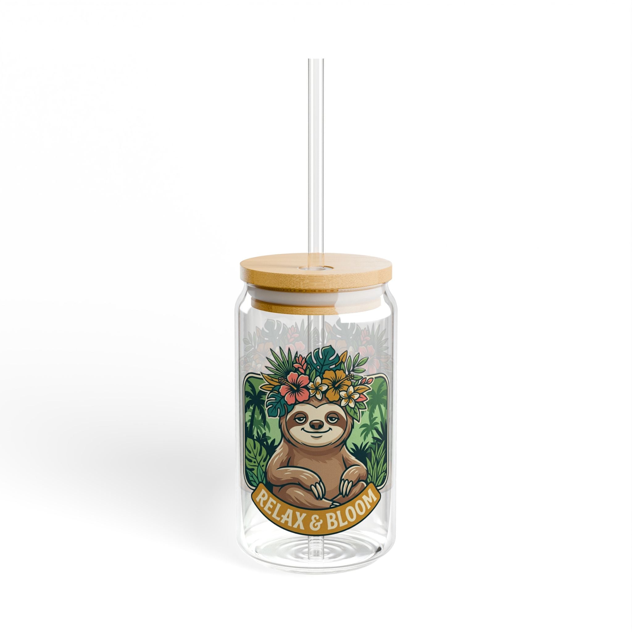 Relax & Bloom Sloth Sipper Glass — 16oz Bamboo Lid Straw Tumbler