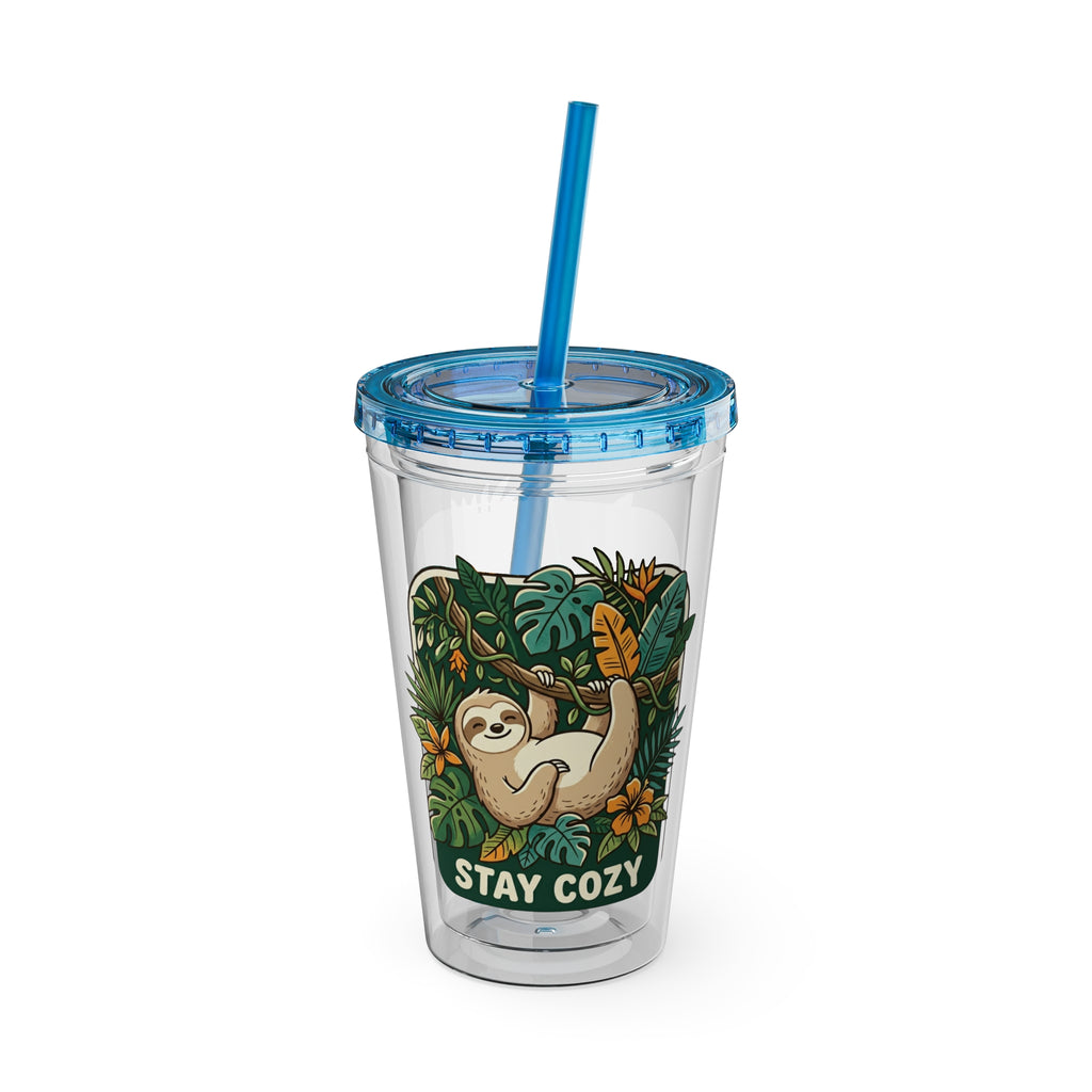 Stay Cozy Sloth Tumbler — 16oz Clear Insulated Cup with Straw