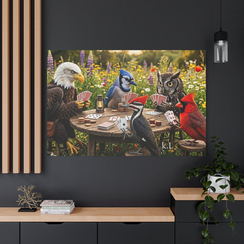 Canvas Wall Art — Woodland Birds Playing Cards Scene
