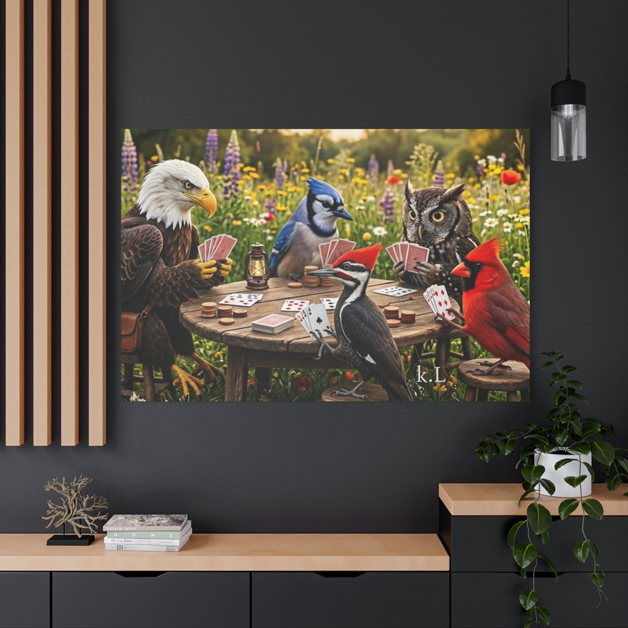 Canvas Wall Art — Woodland Birds Playing Cards Scene