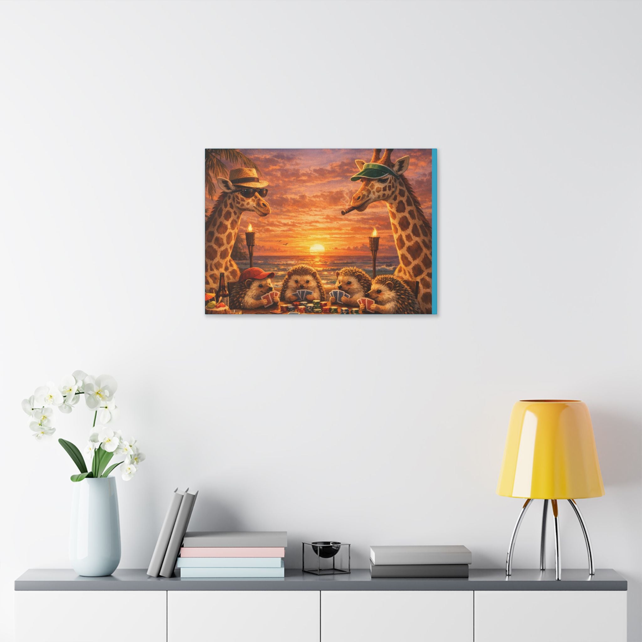 Sunset Poker Night Canvas — Whimsical Giraffes & Hedgehogs Art Print