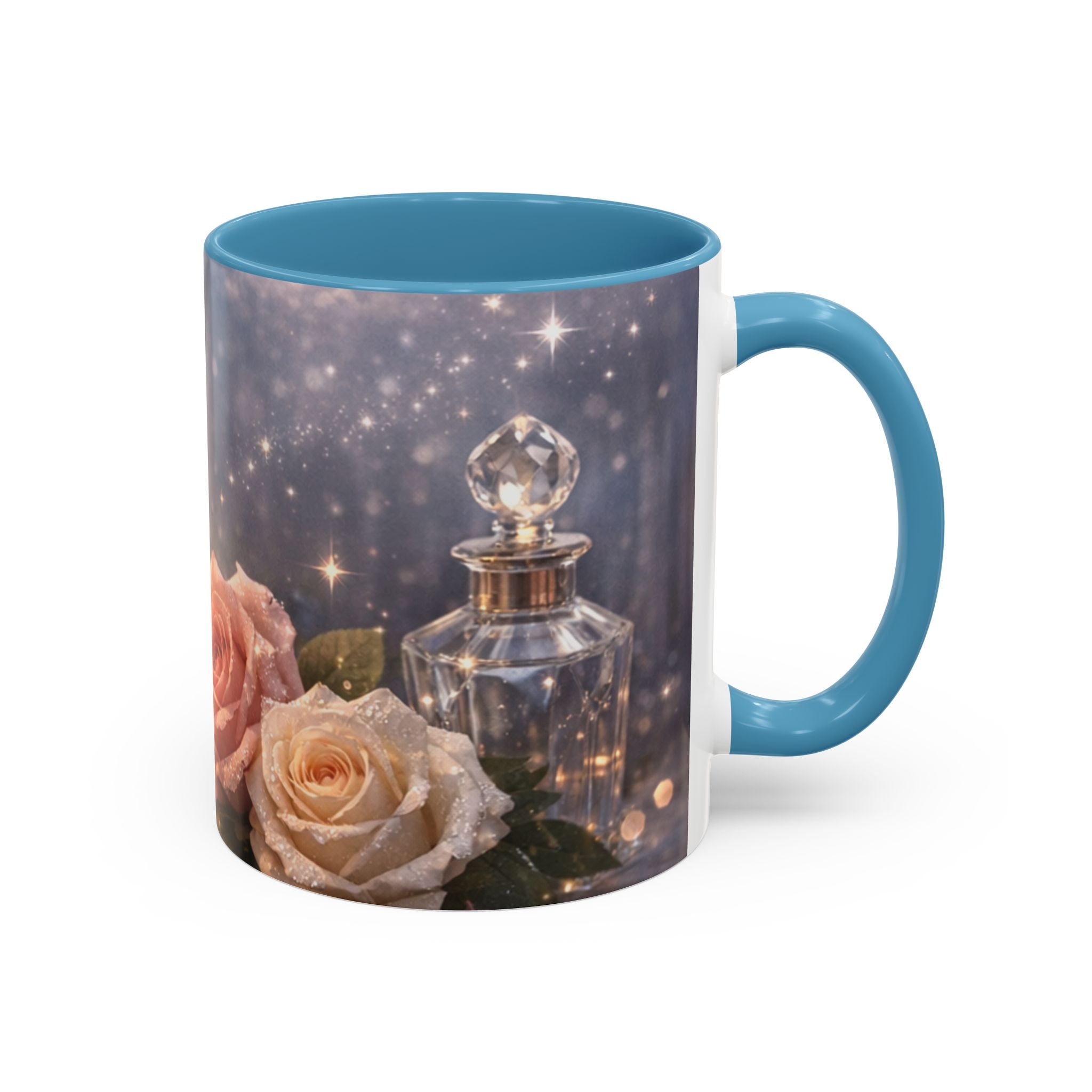 Vintage Rose & Perfume Accent Coffee Mug — Sparkling Floral 11/15oz