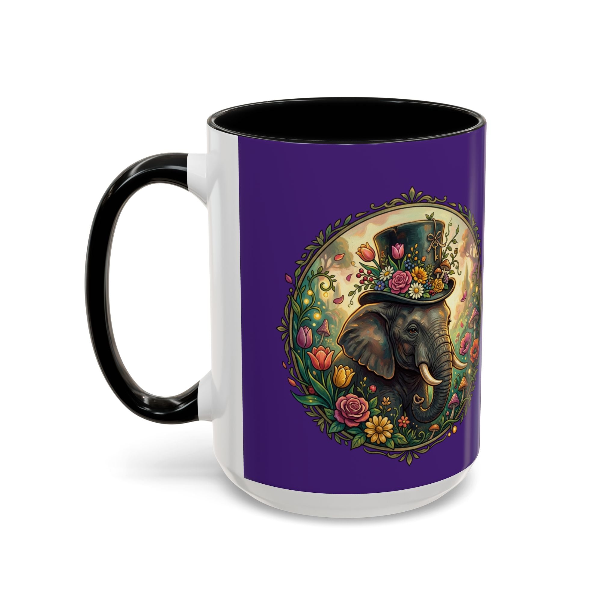 Elephant & Tulips Accent Coffee Mug — Floral Elephant Ceramic Mug (11/15oz)