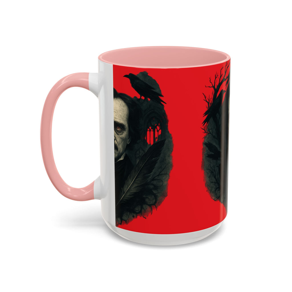 Edgar Allan Poe Portrait Coffee Mug — Gothic Raven Red Accent (11/15oz)