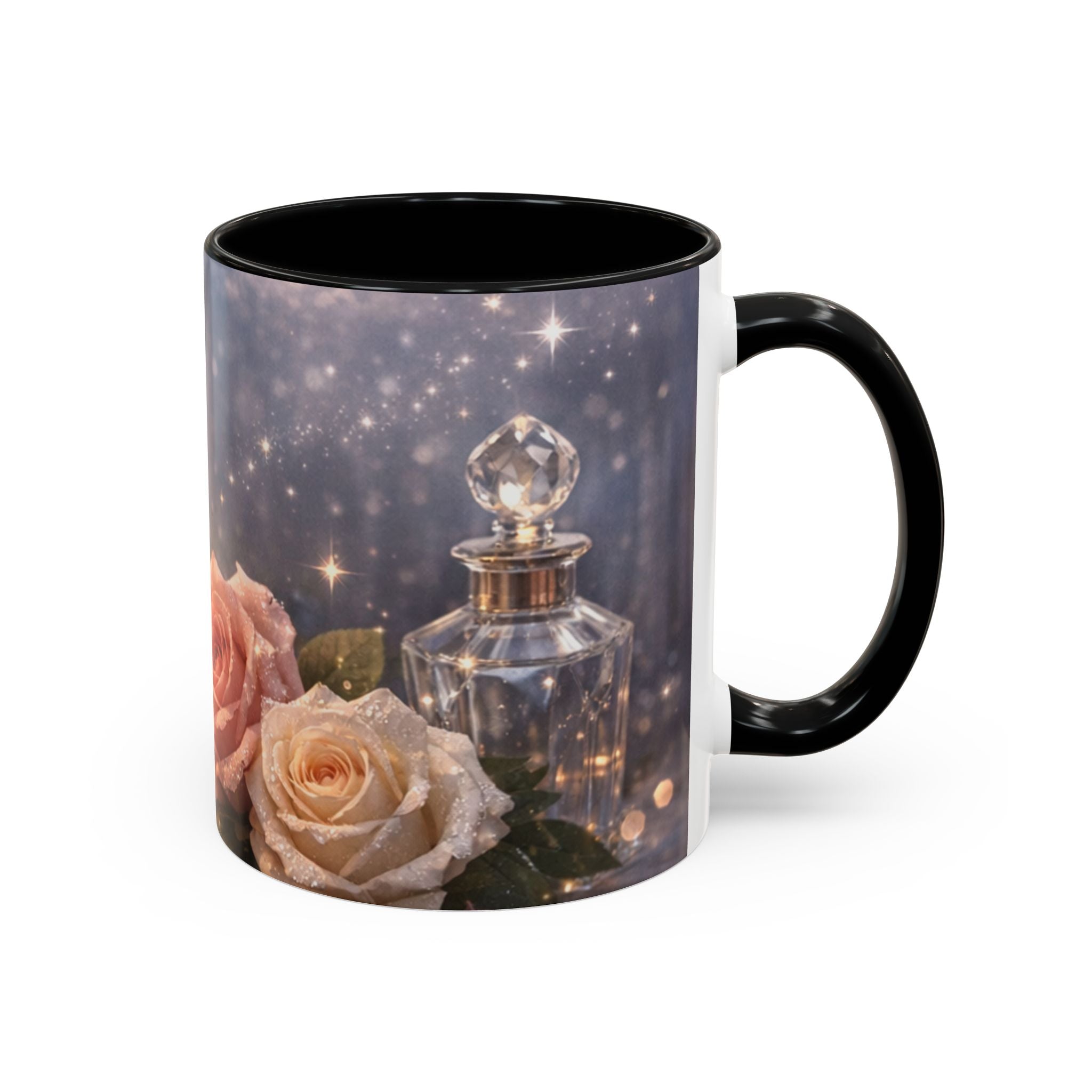 Vintage Rose & Perfume Accent Coffee Mug — Sparkling Floral 11/15oz