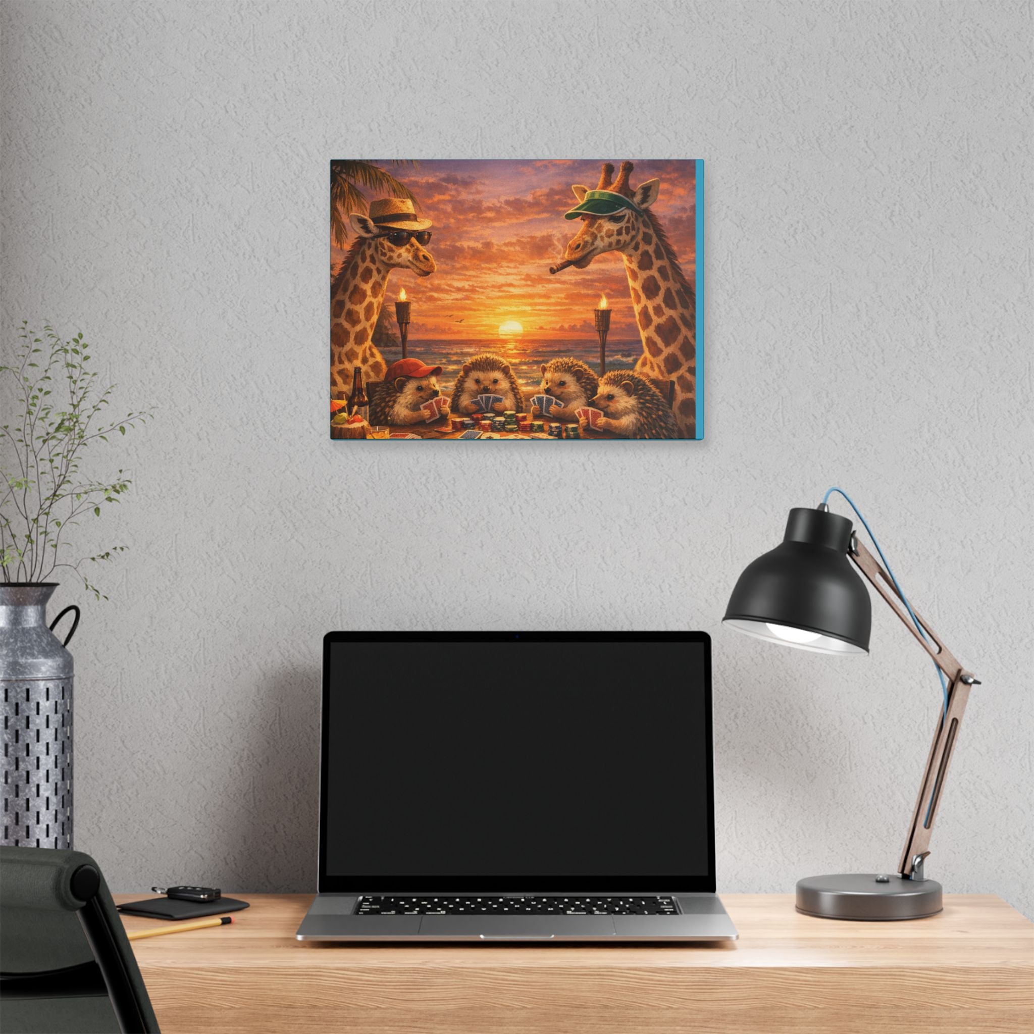 Sunset Poker Night Canvas — Whimsical Giraffes & Hedgehogs Art Print