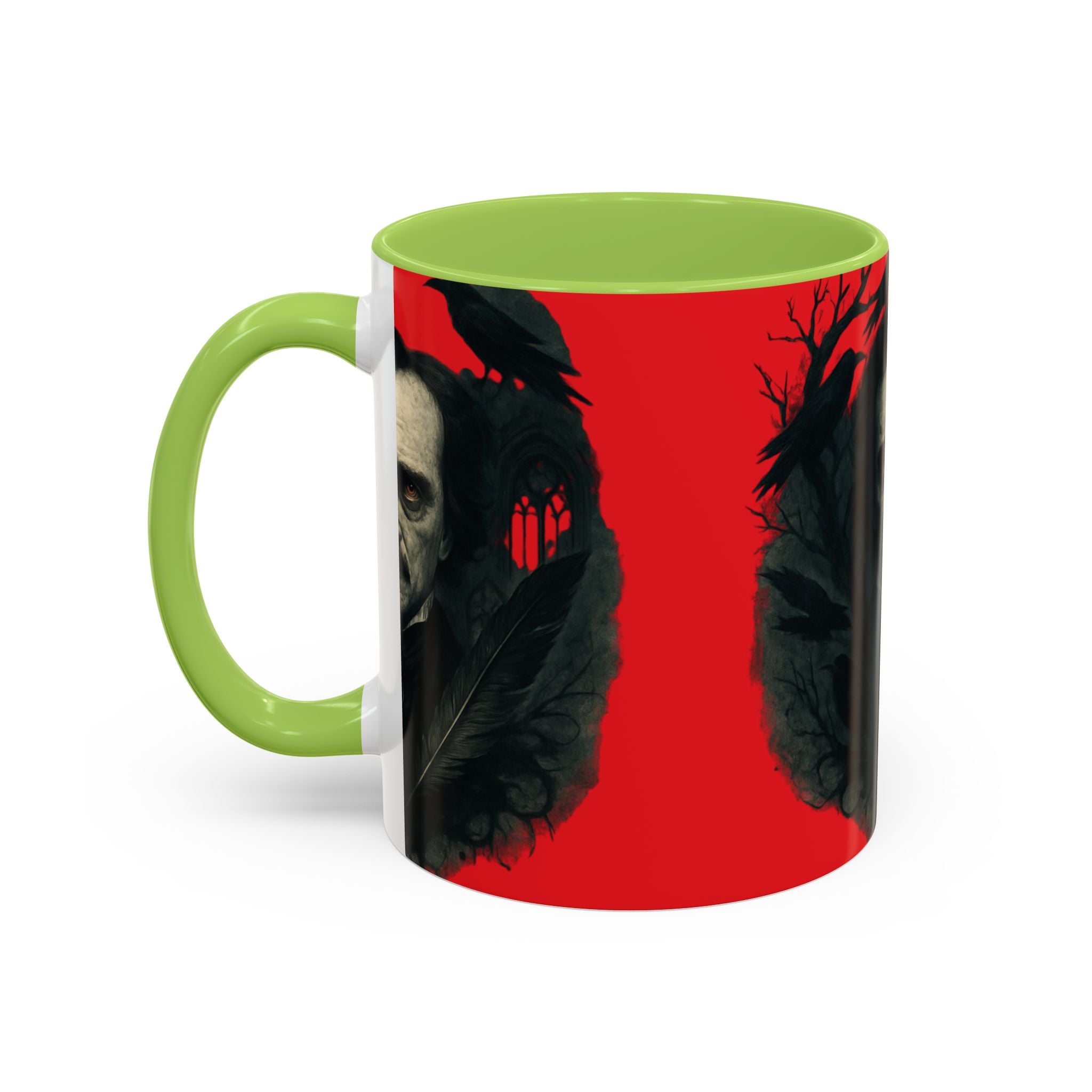 Edgar Allan Poe Portrait Coffee Mug — Gothic Raven Red Accent (11/15oz)
