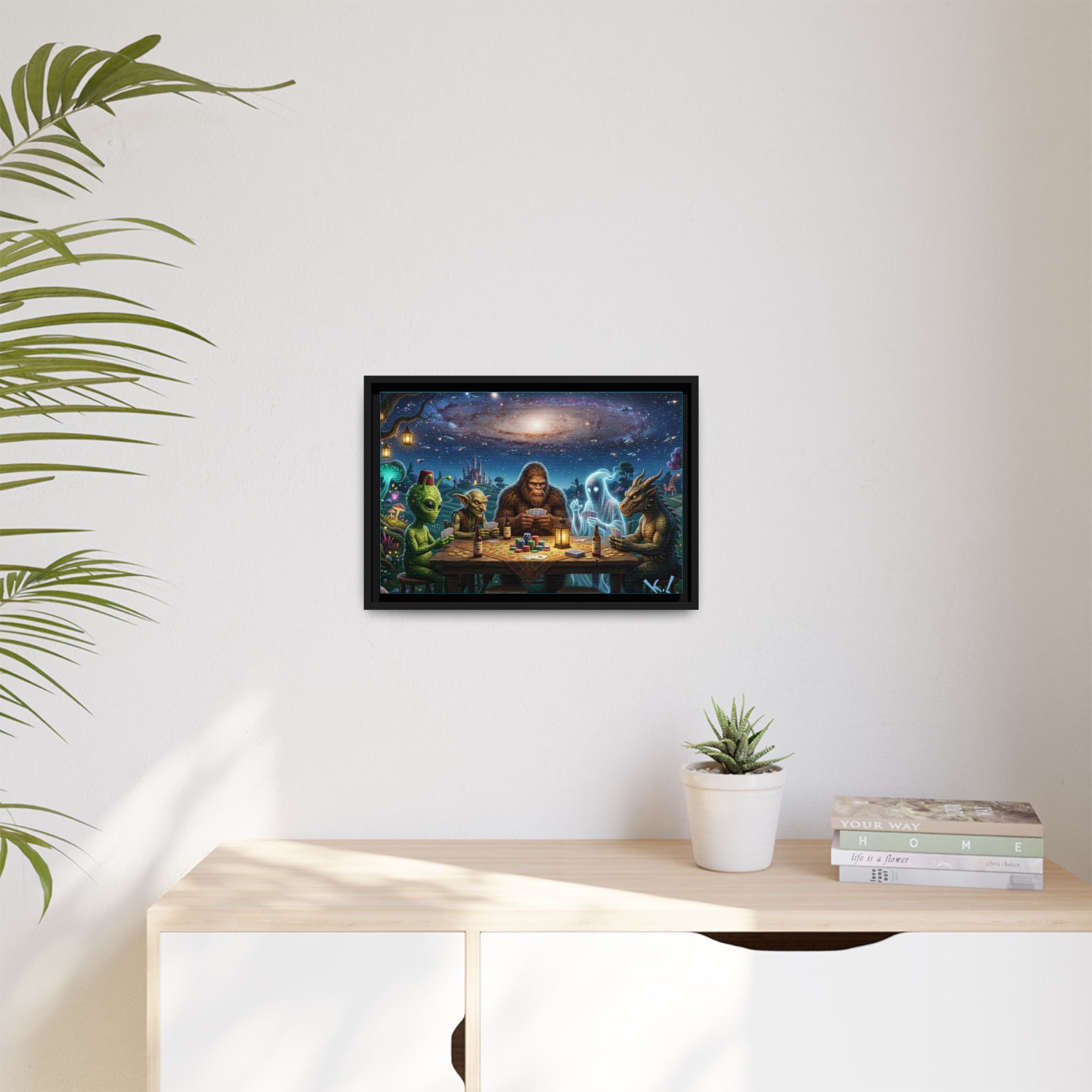 Framed Cosmic Poker Night Matte Canvas Print — Alien & Mythical Creatures Wall Art