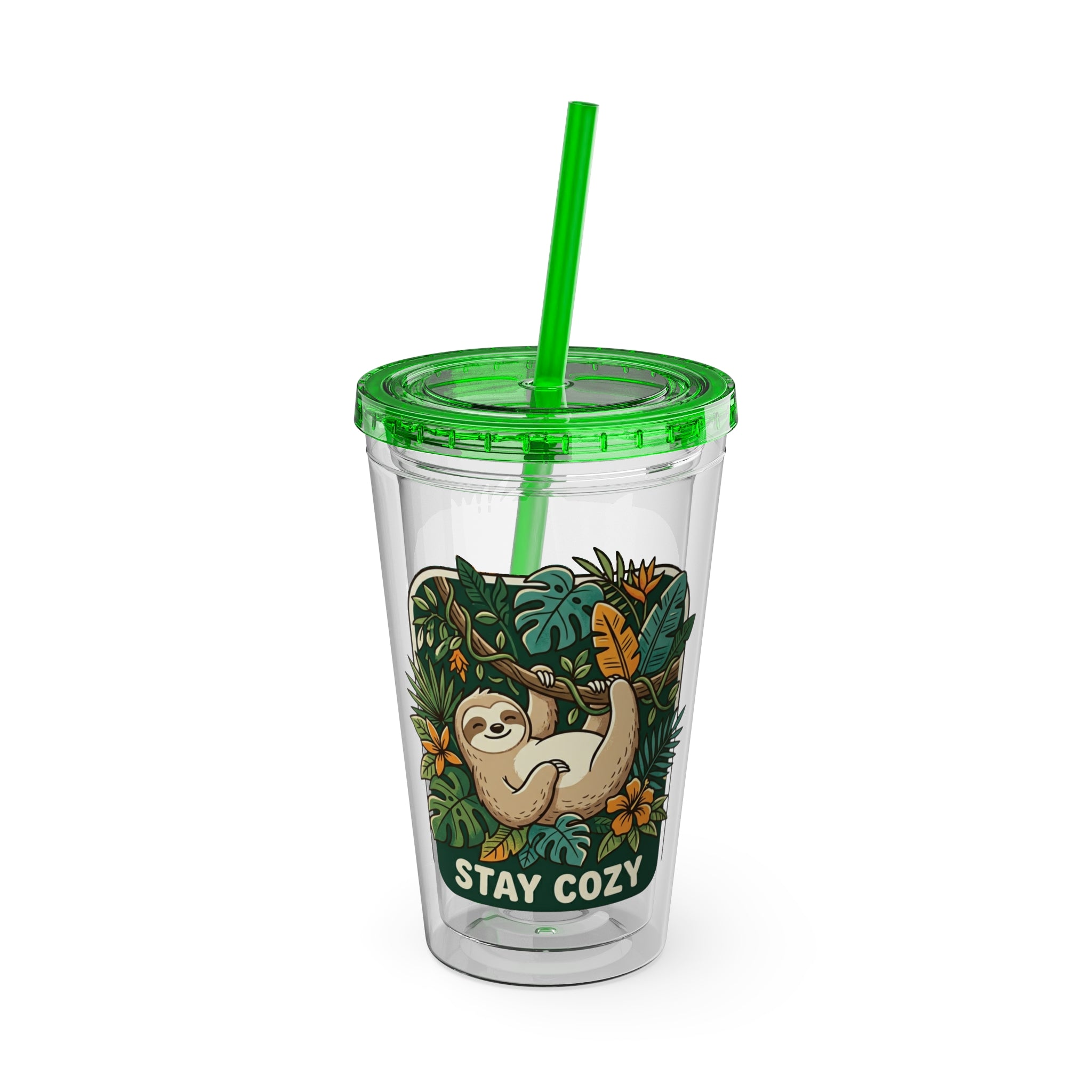 Stay Cozy Sloth Tumbler — 16oz Clear Insulated Cup with Straw