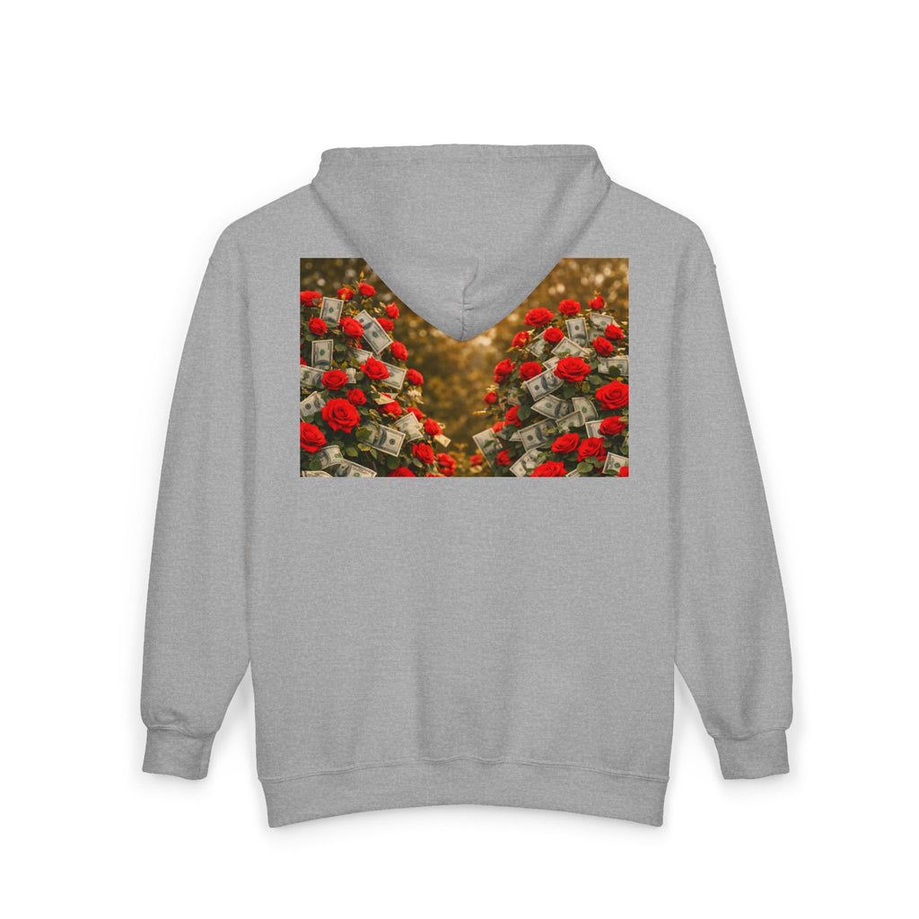 Zip Hoodie — "Pain Today, Power Tomorrow" Retro Script Front with Rose Garden Back