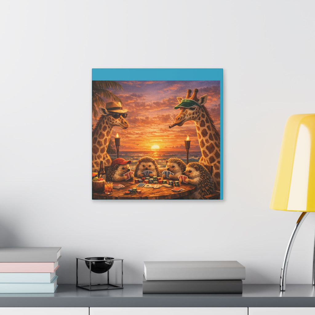 Sunset Poker Night Canvas — Whimsical Giraffes & Hedgehogs Art Print