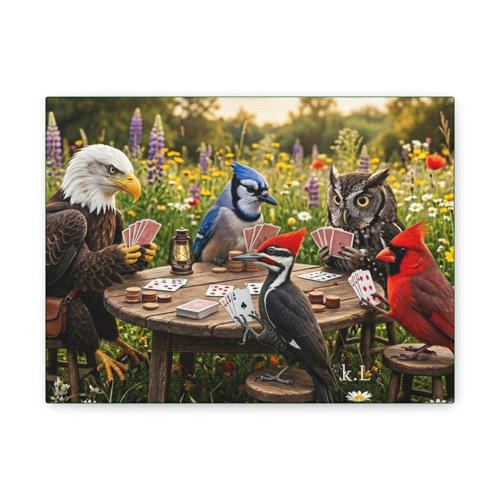 Canvas Wall Art — Woodland Birds Playing Cards Scene