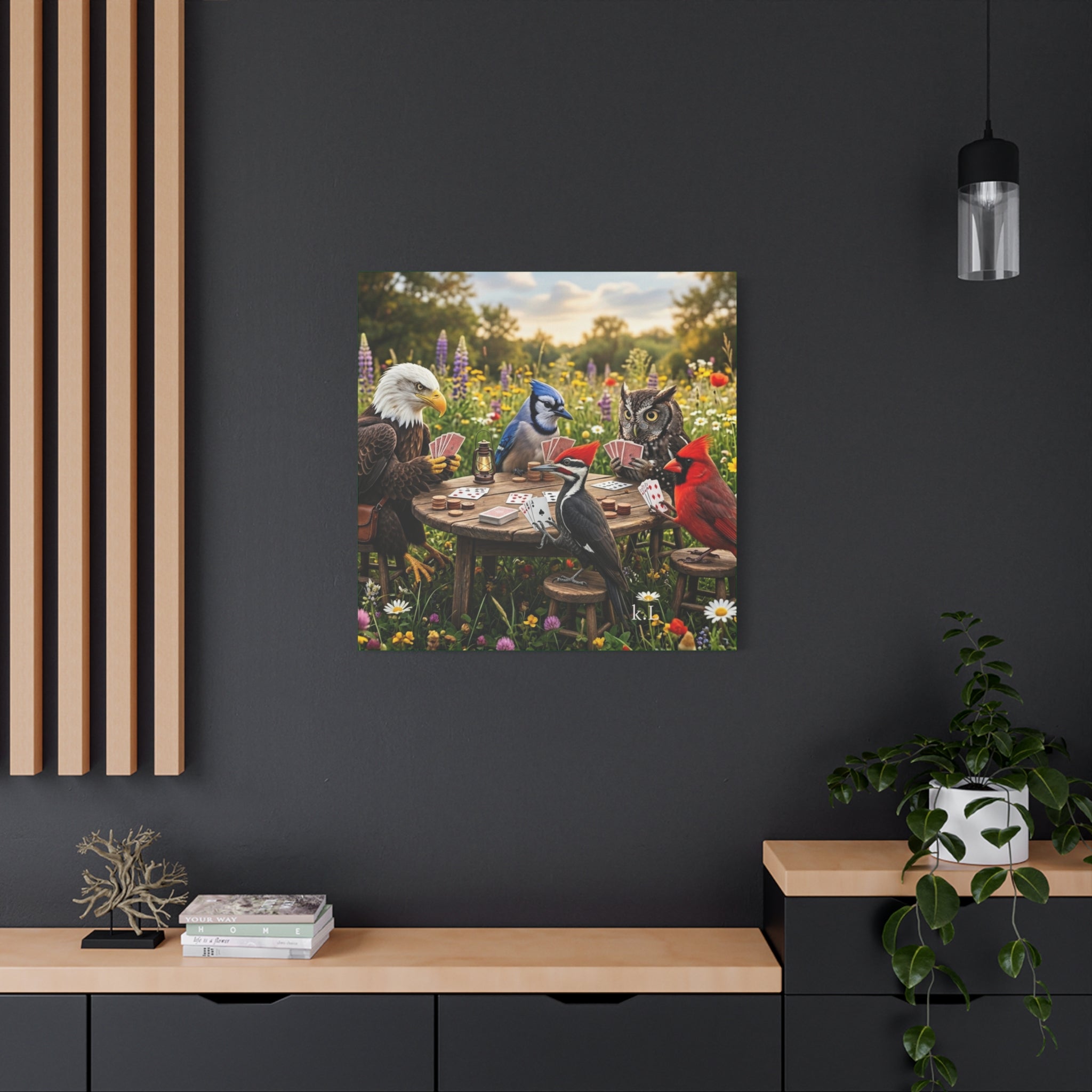 Canvas Wall Art — Woodland Birds Playing Cards Scene